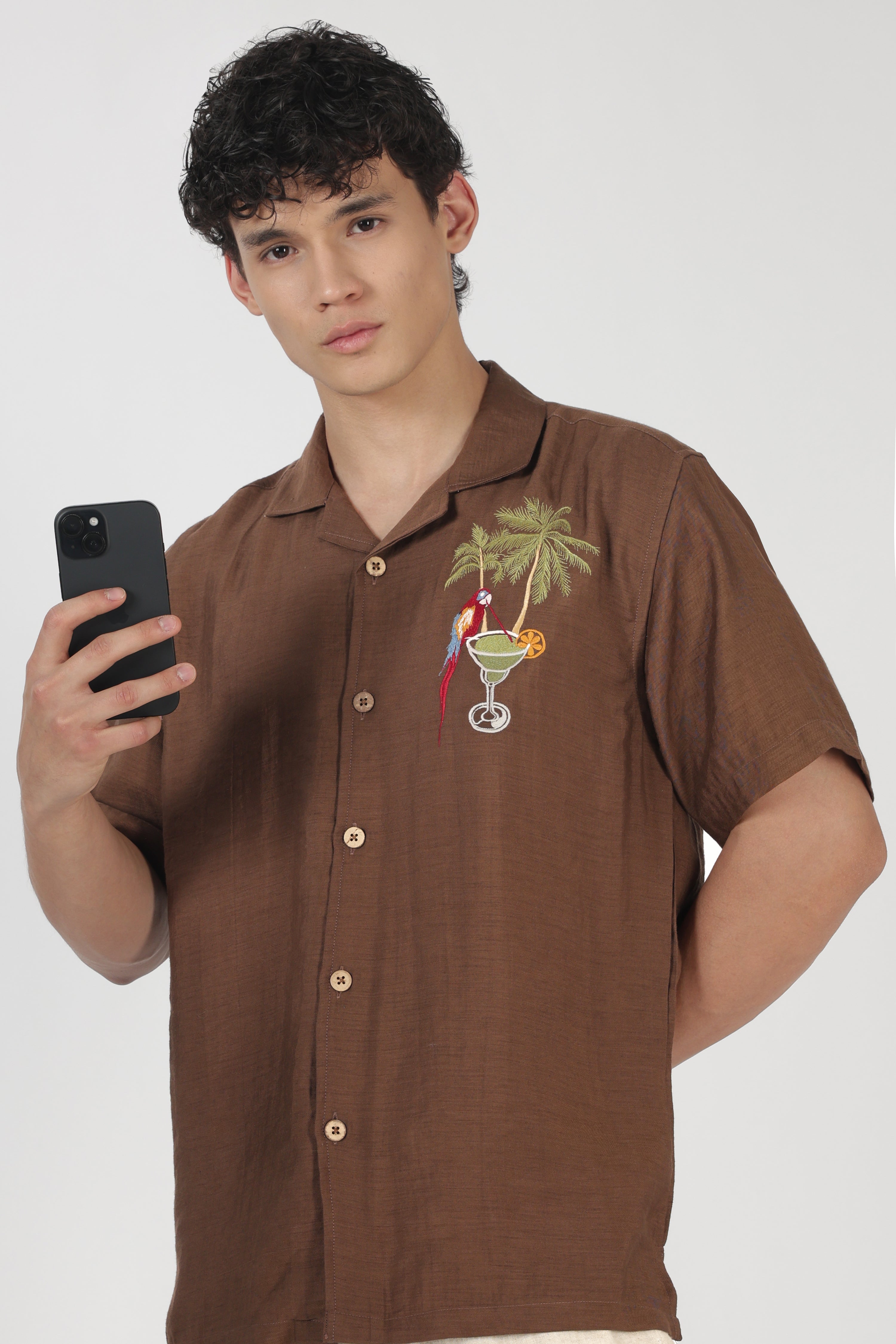 Macaw Tropical Drink Cotton Box Fit Brown Embroidered Shirt