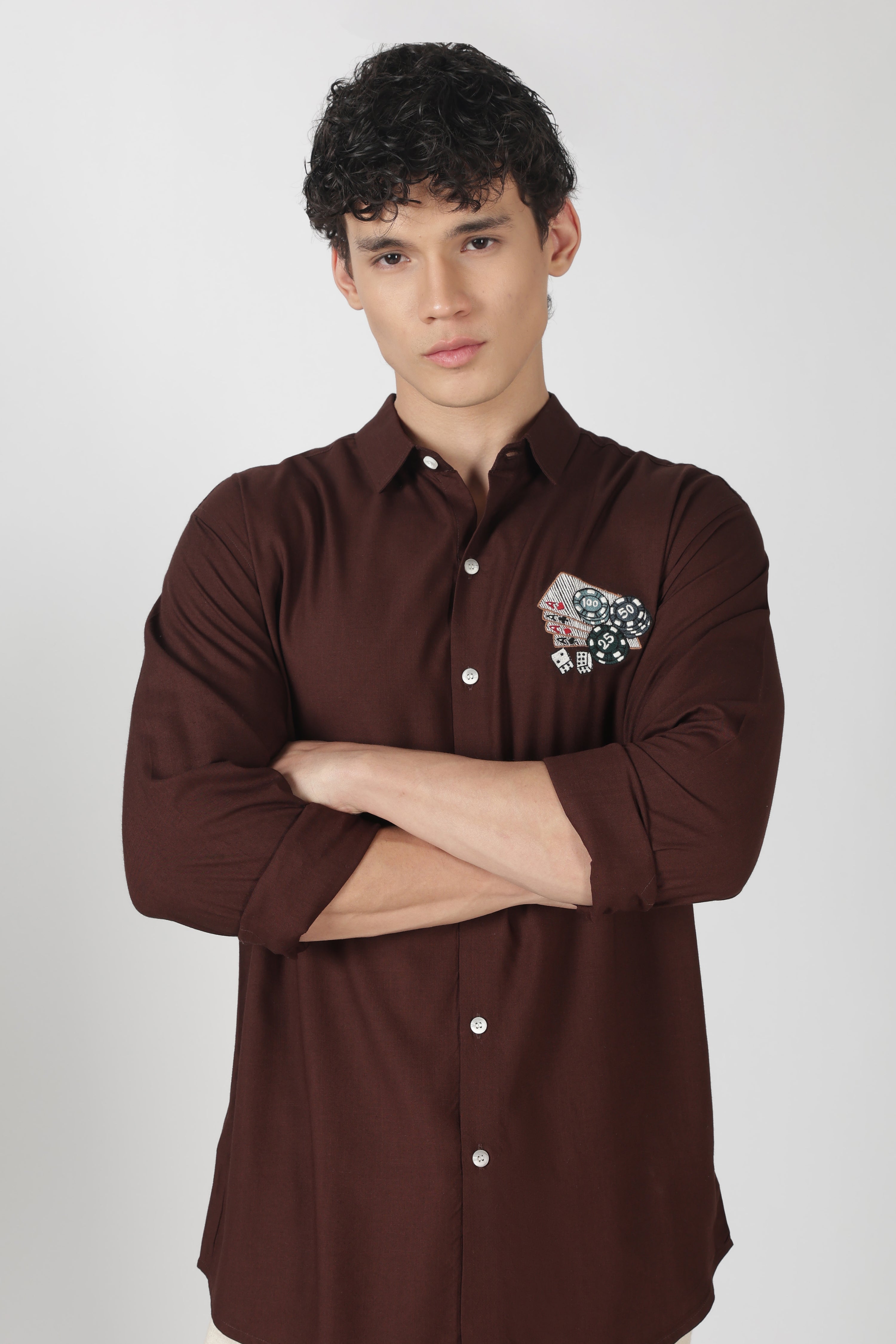 Casino Poker Cotton Regular Fit Chocolate Brown Embroidered Shirt