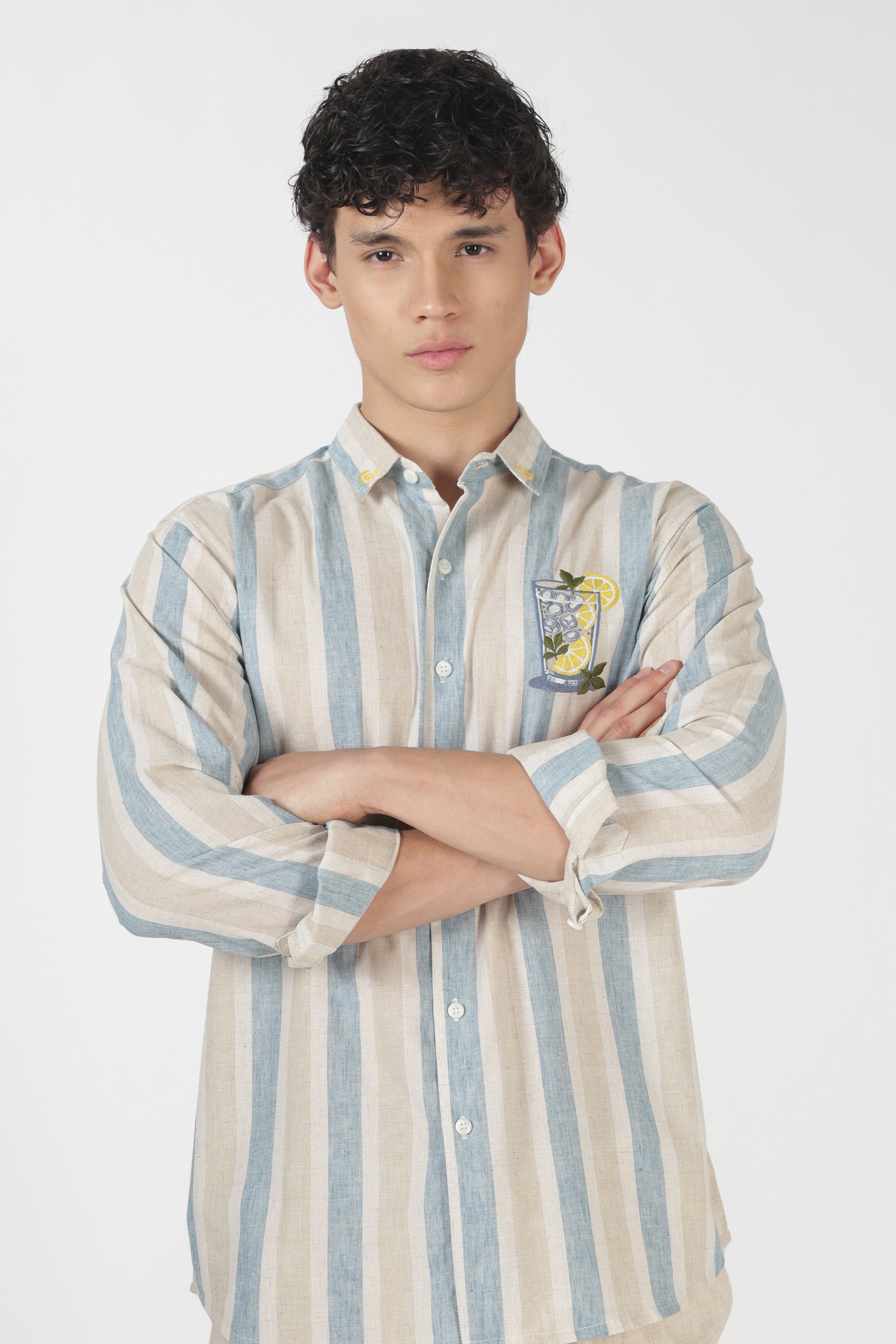 Lemon Cooler Cotton Regular Fit Sky Blue Embroidered Shirt