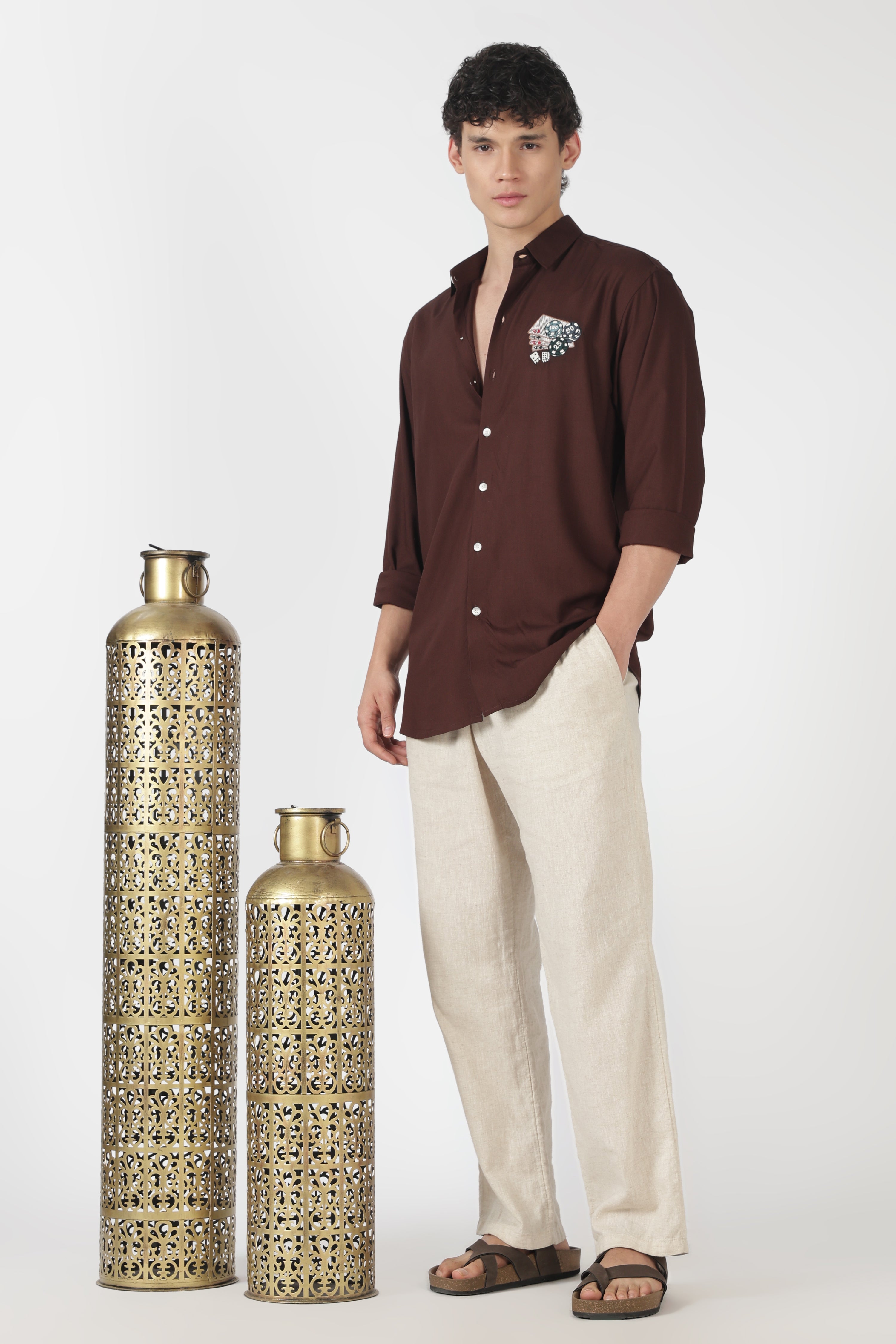 Casino Poker Cotton Regular Fit Chocolate Brown Embroidered Shirt