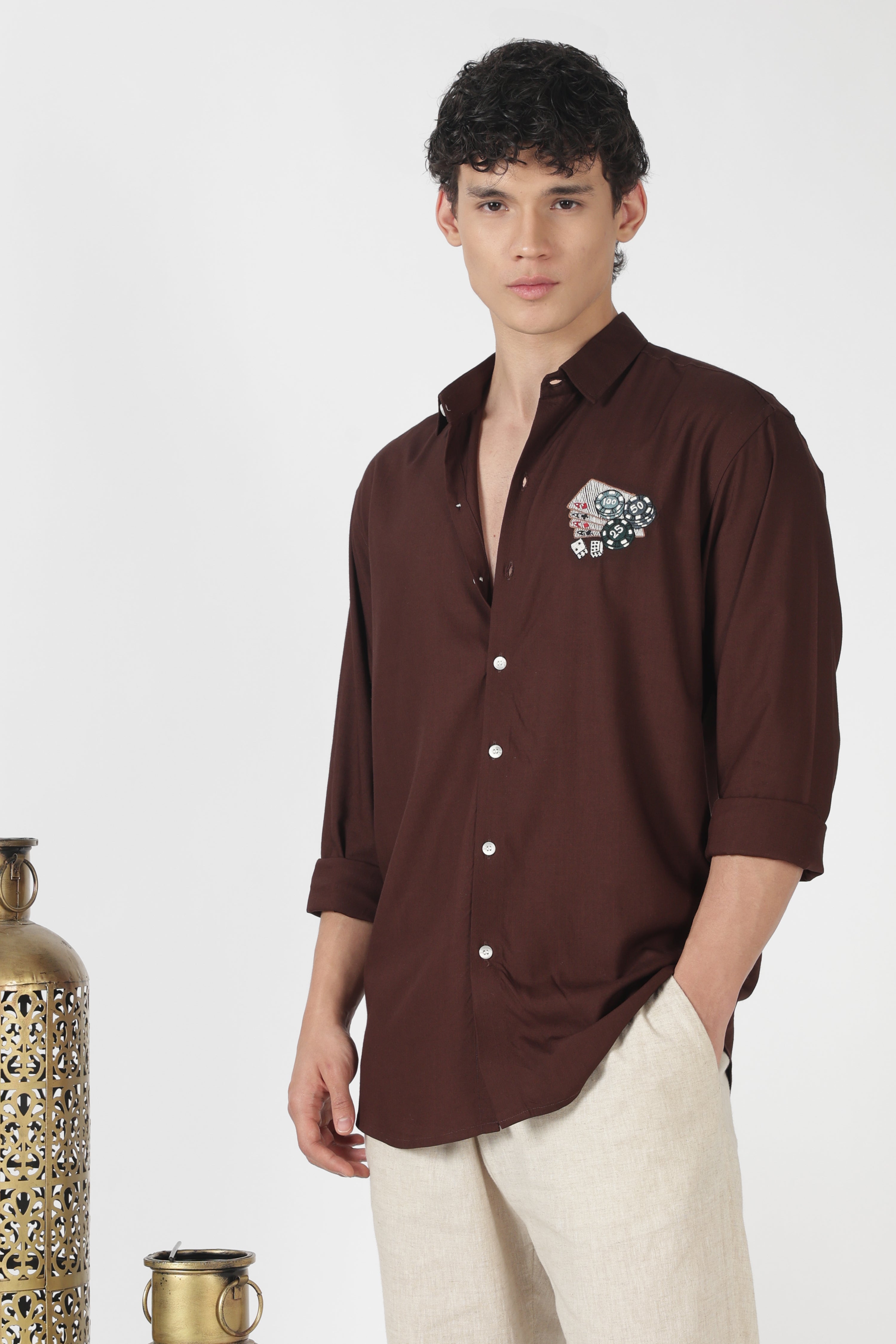 Casino Poker Cotton Regular Fit Chocolate Brown Embroidered Shirt