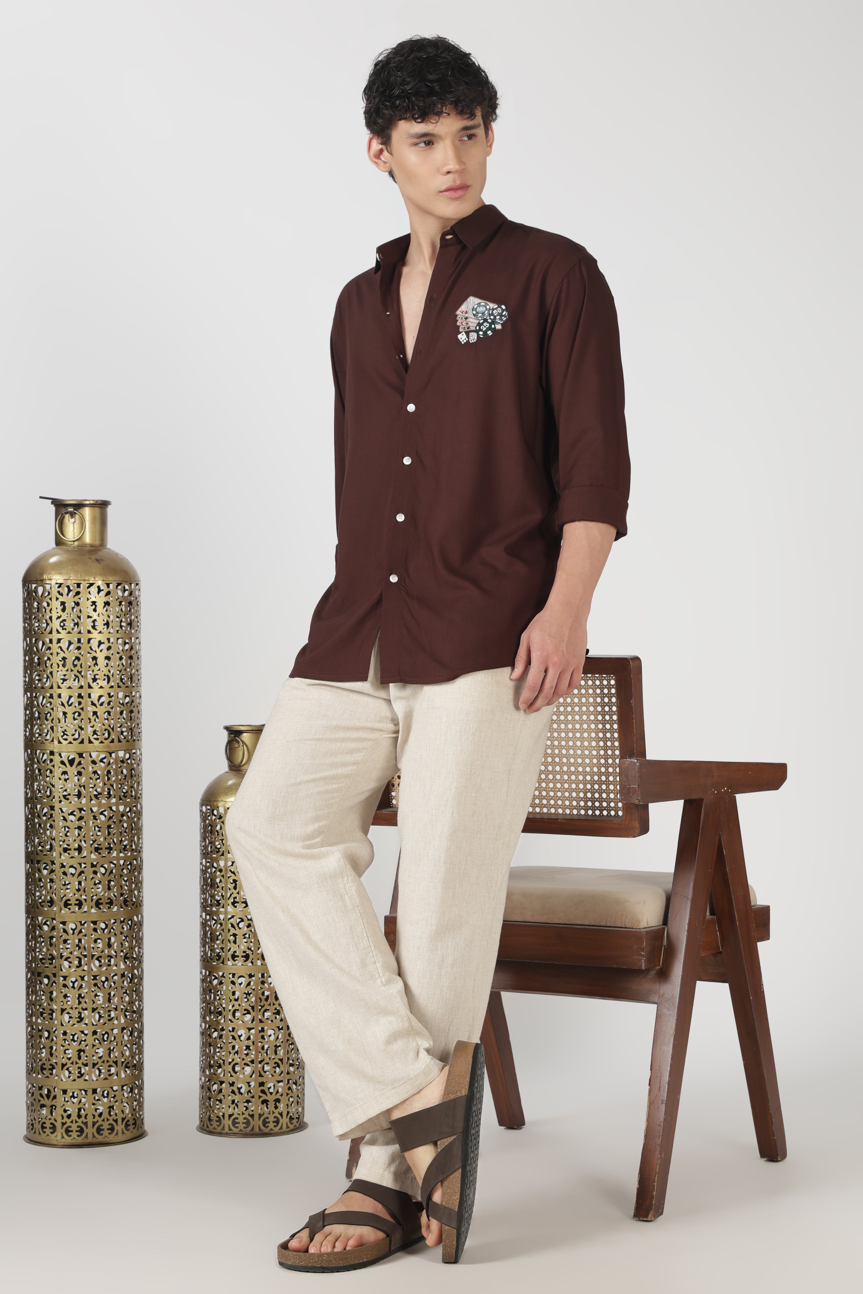 Casino Poker Cotton Regular Fit Chocolate Brown Embroidered Shirt