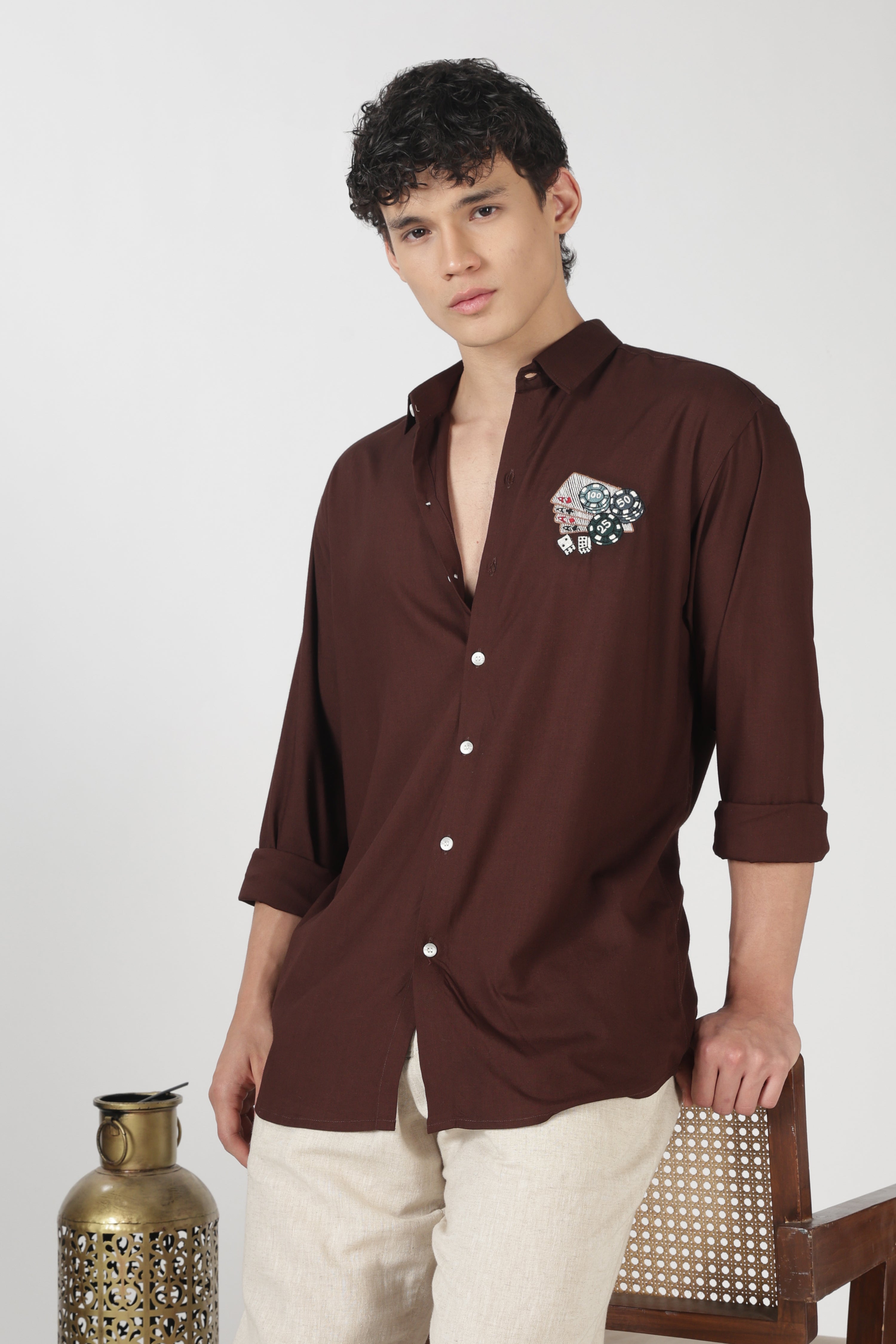 Casino Poker Cotton Regular Fit Chocolate Brown Embroidered Shirt