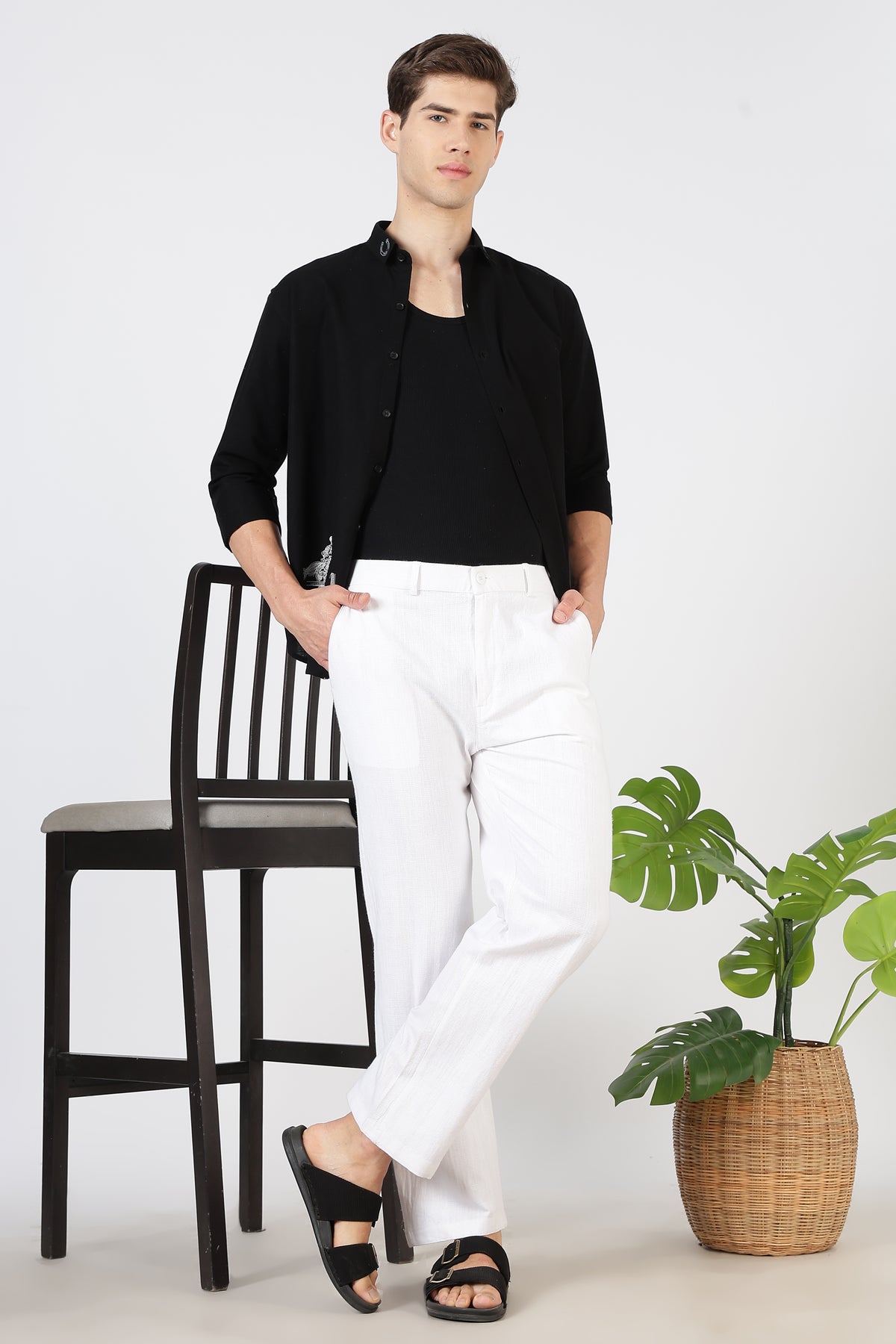 Selene linen-textured 100% Cotton Relaxed  Fit White Pant