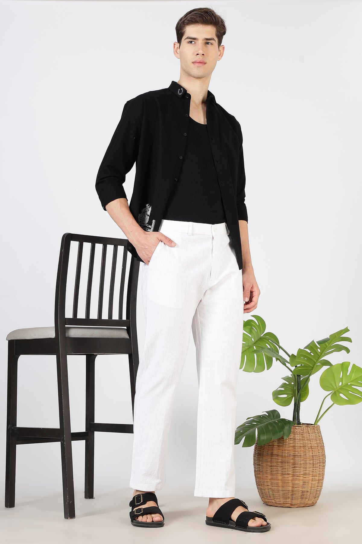 Selene linen-textured 100% Cotton Relaxed  Fit White Pant