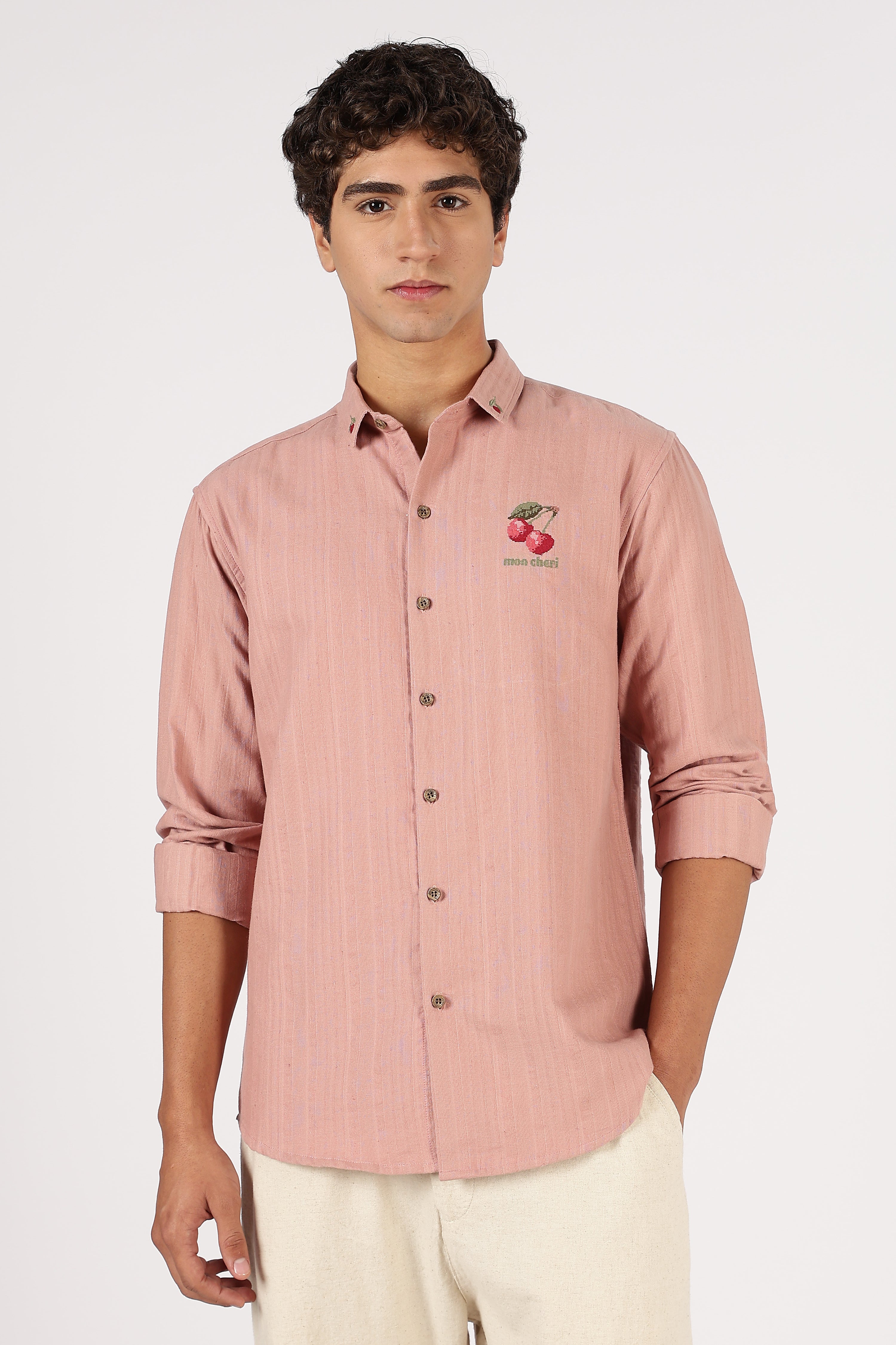 Subtle Cherry Cotton Regular Fit Blush Pink Striped Shirt
