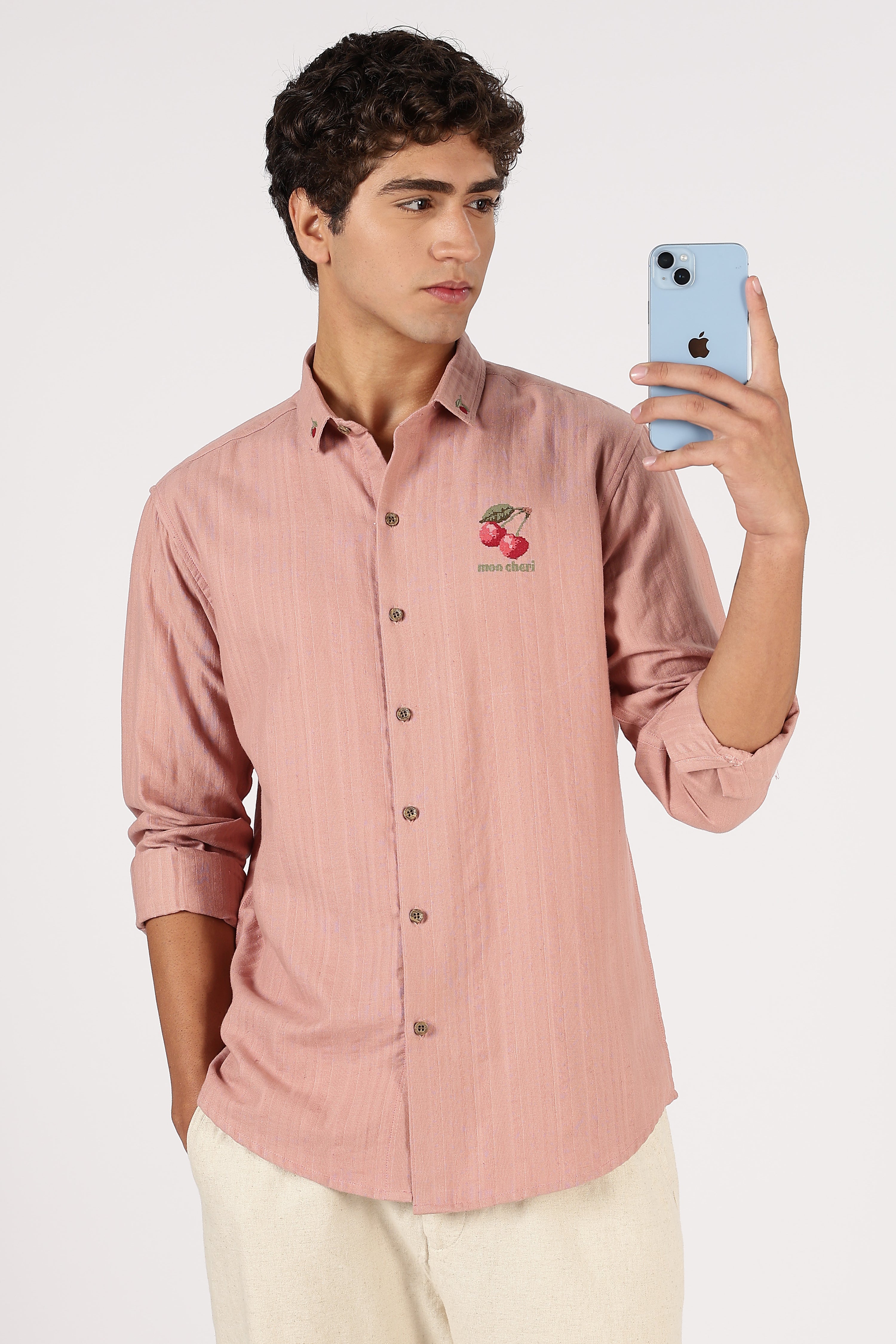 Subtle Cherry Cotton Regular Fit Blush Pink Striped Shirt