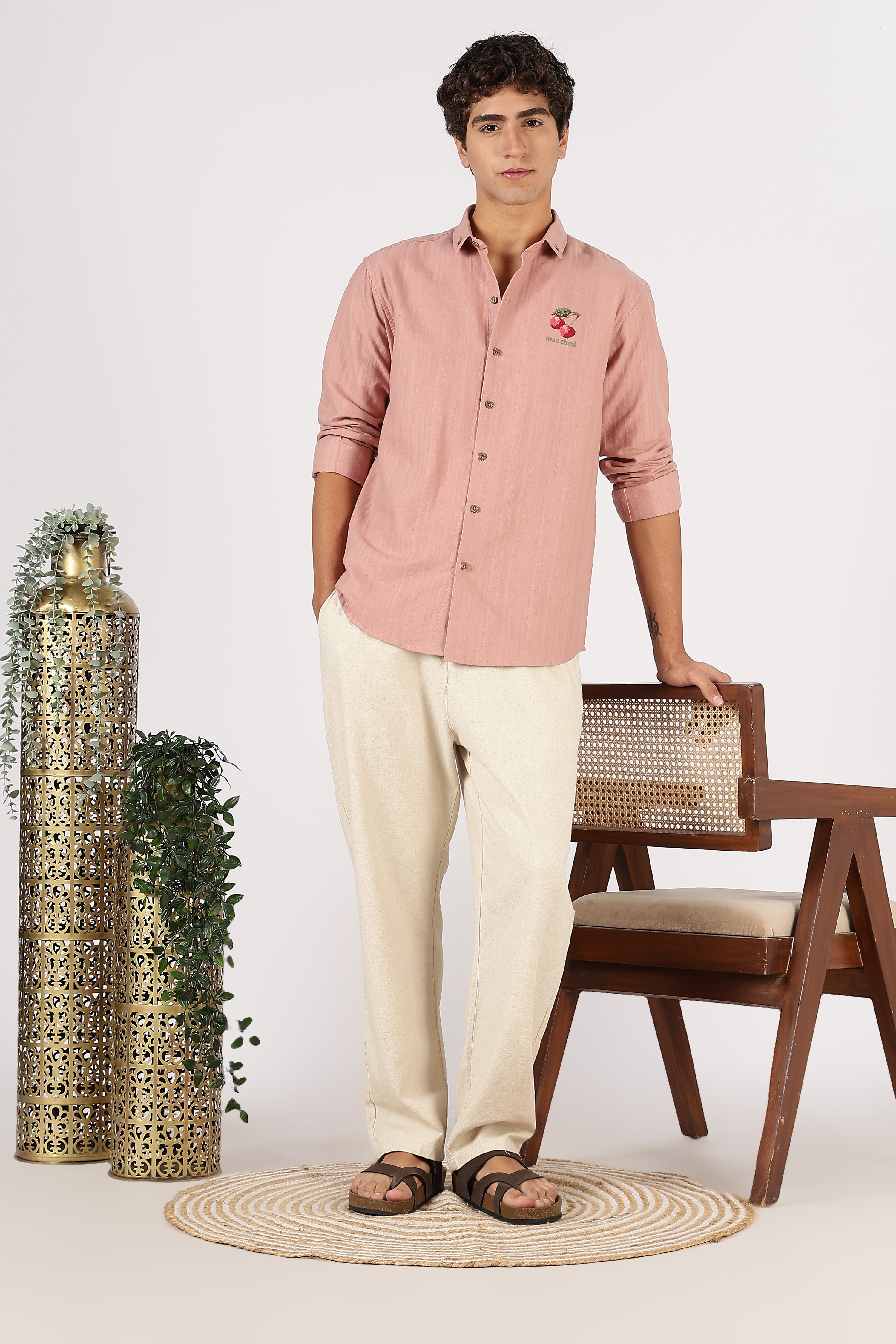 Subtle Cherry Cotton Regular Fit Blush Pink Striped Shirt