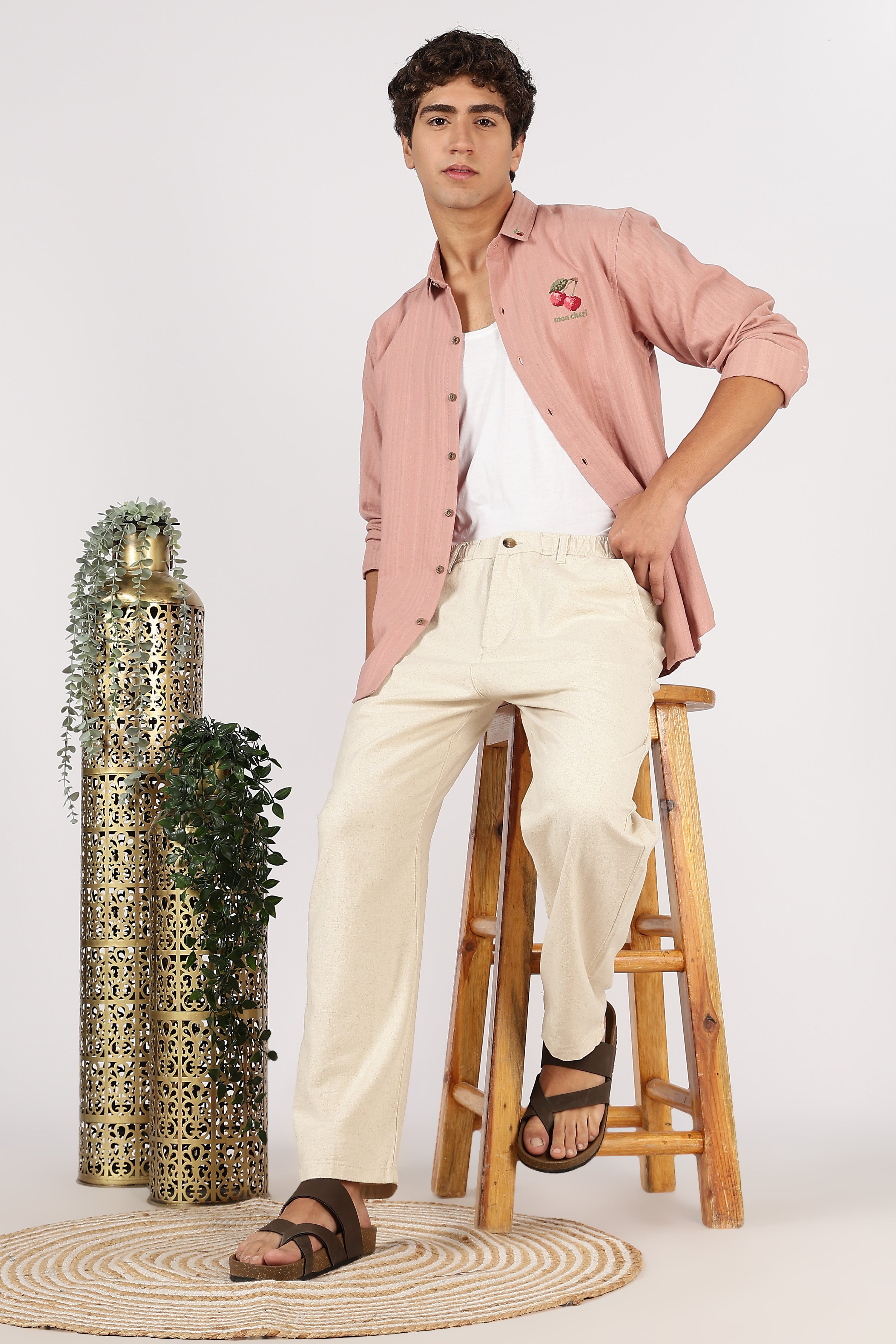 Linen-style 100% Cotton Relaxed Fit Beige Pant