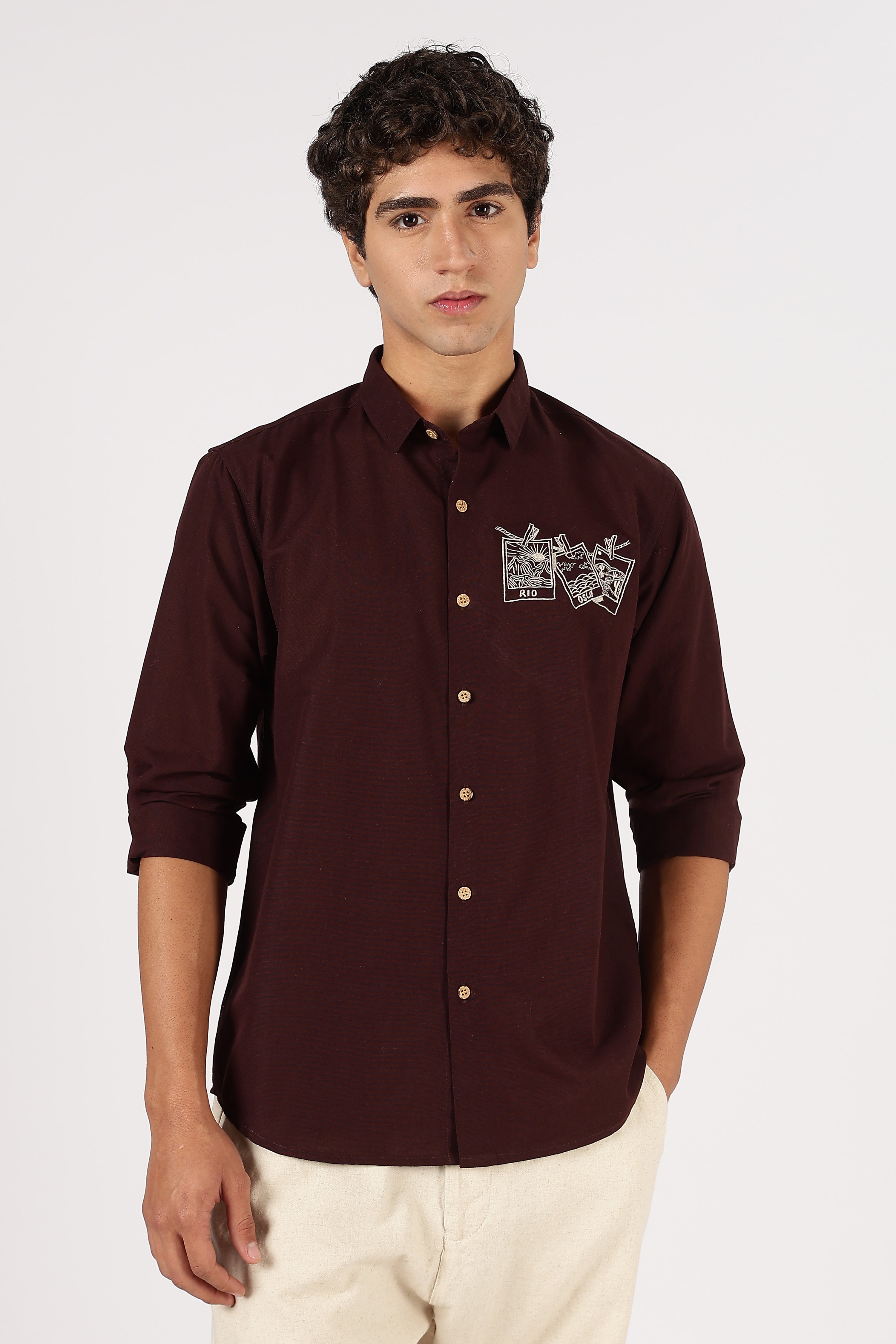 Rio & Oslo Graphic Cotton Regular Fit Brown Embroidered Shirt