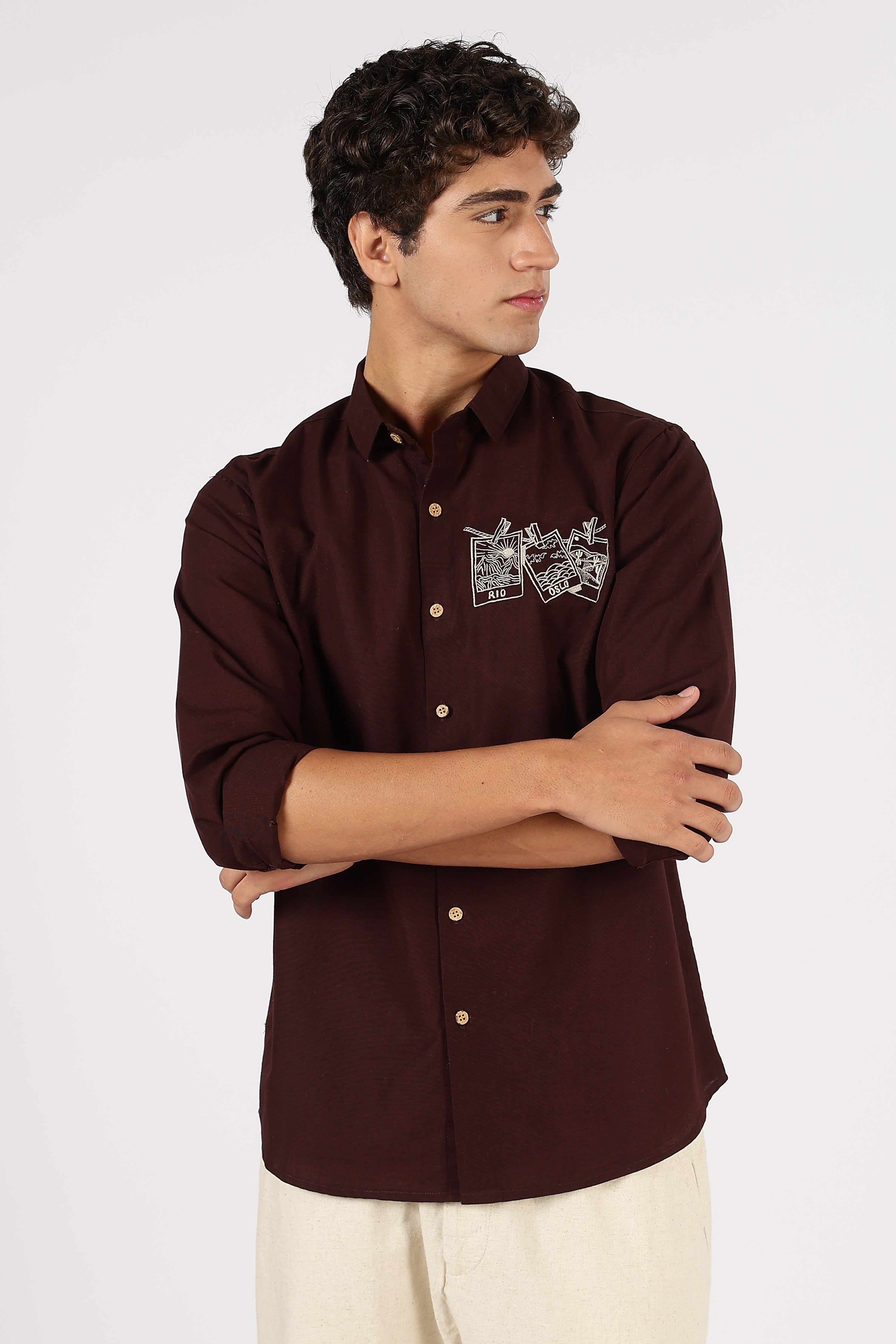 Rio & Oslo Graphic Cotton Regular Fit Brown Embroidered Shirt