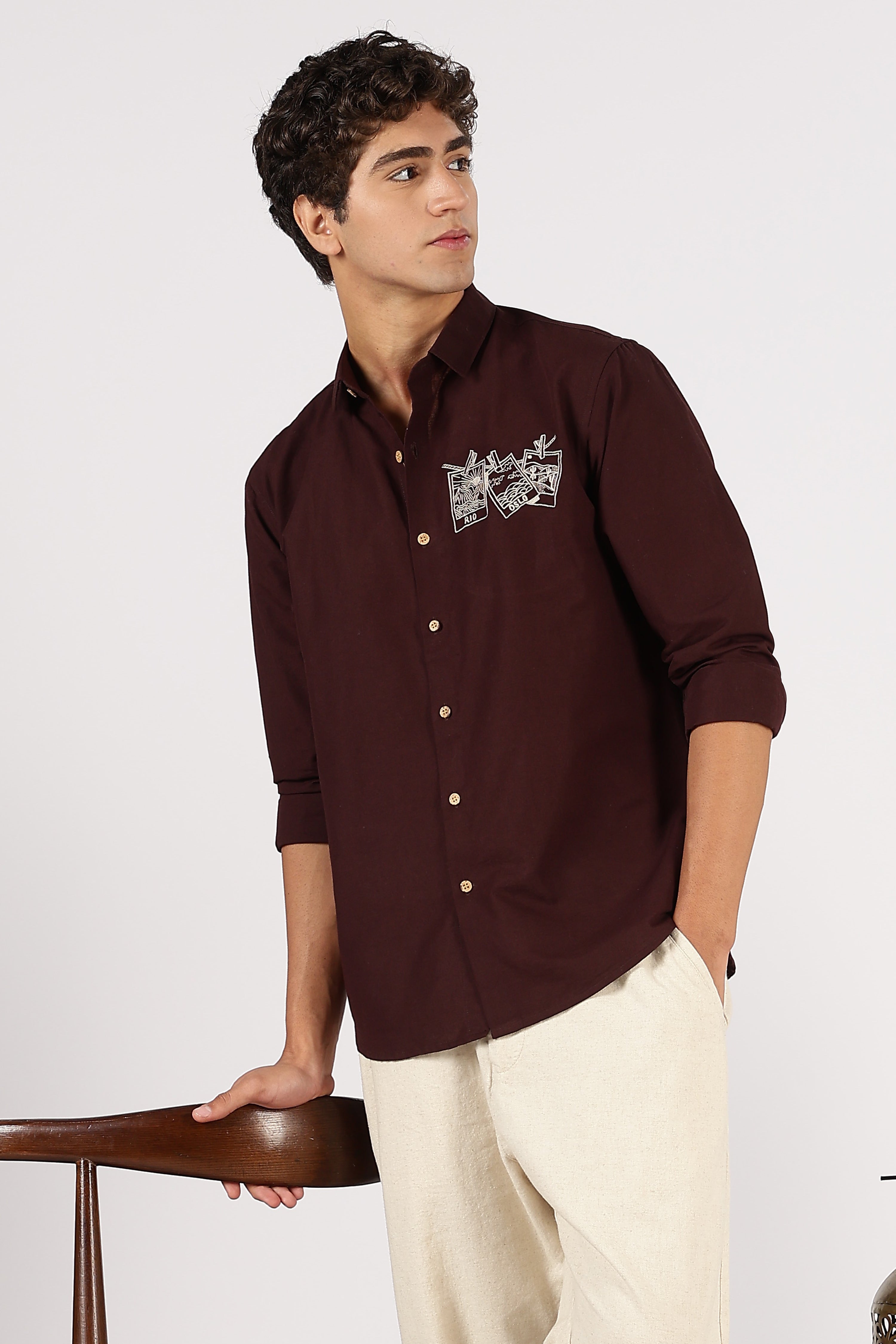 Rio & Oslo Graphic Cotton Regular Fit Brown Embroidered Shirt