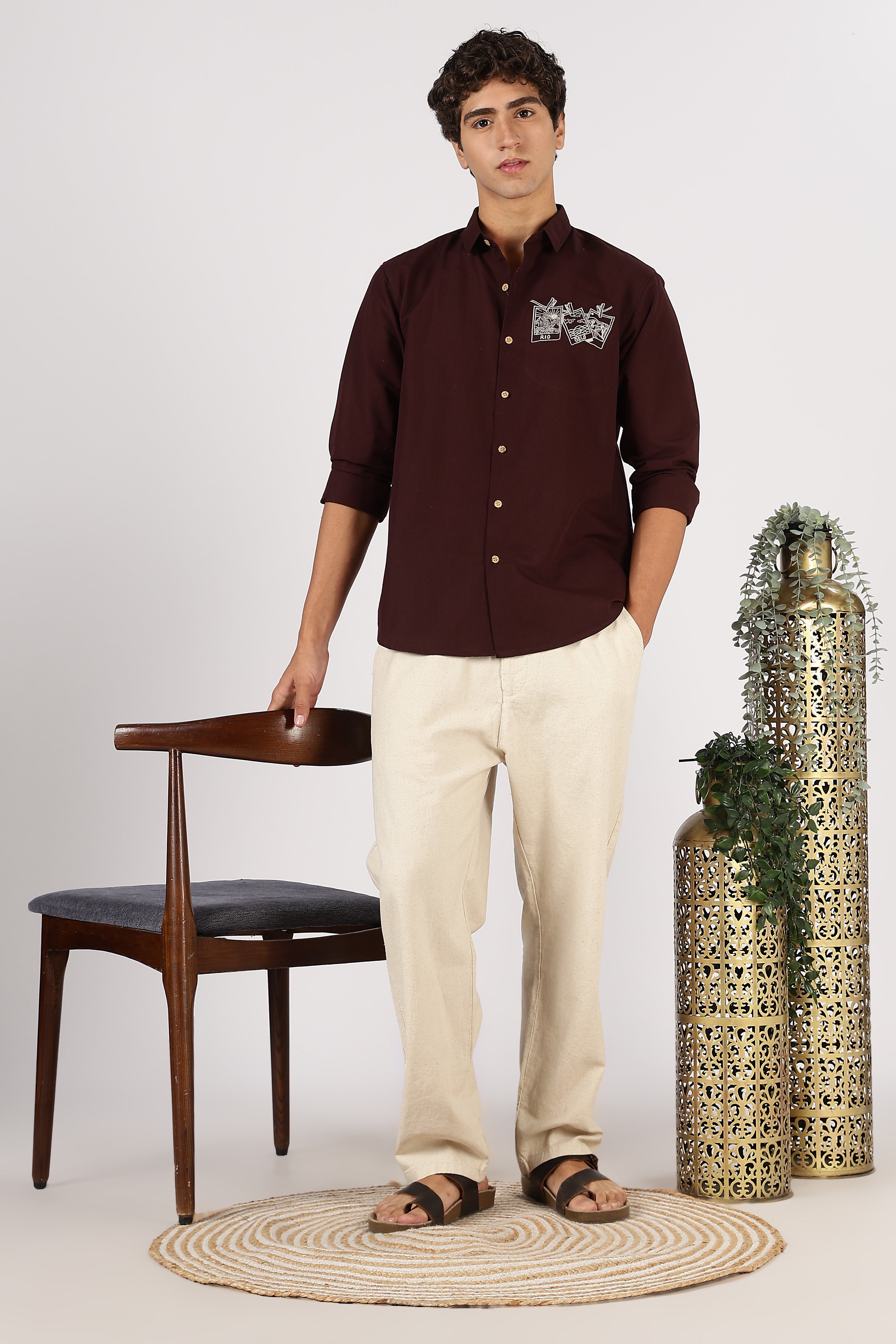 Rio & Oslo Graphic Cotton Regular Fit Brown Embroidered Shirt