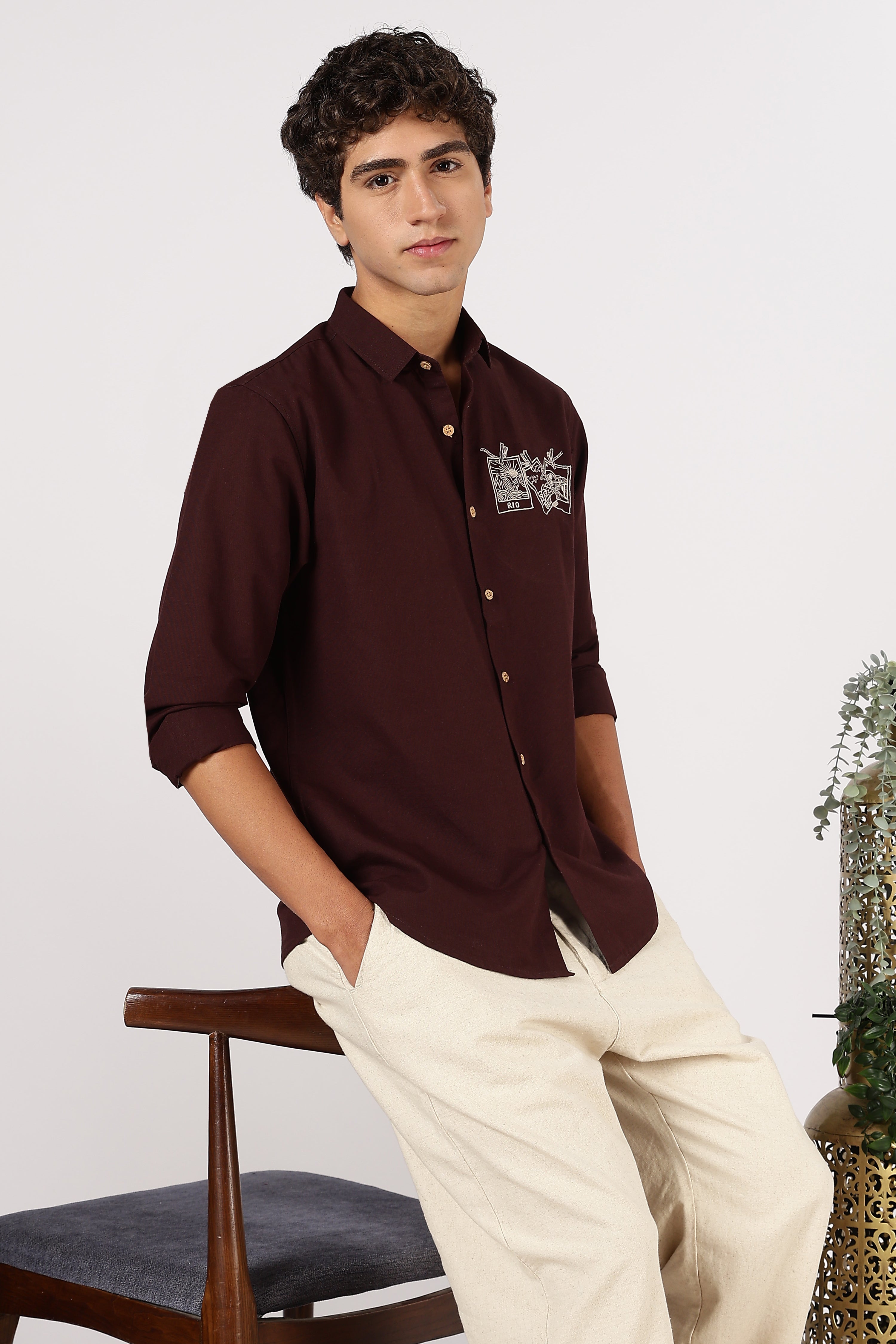 Rio & Oslo Graphic Cotton Regular Fit Brown Embroidered Shirt