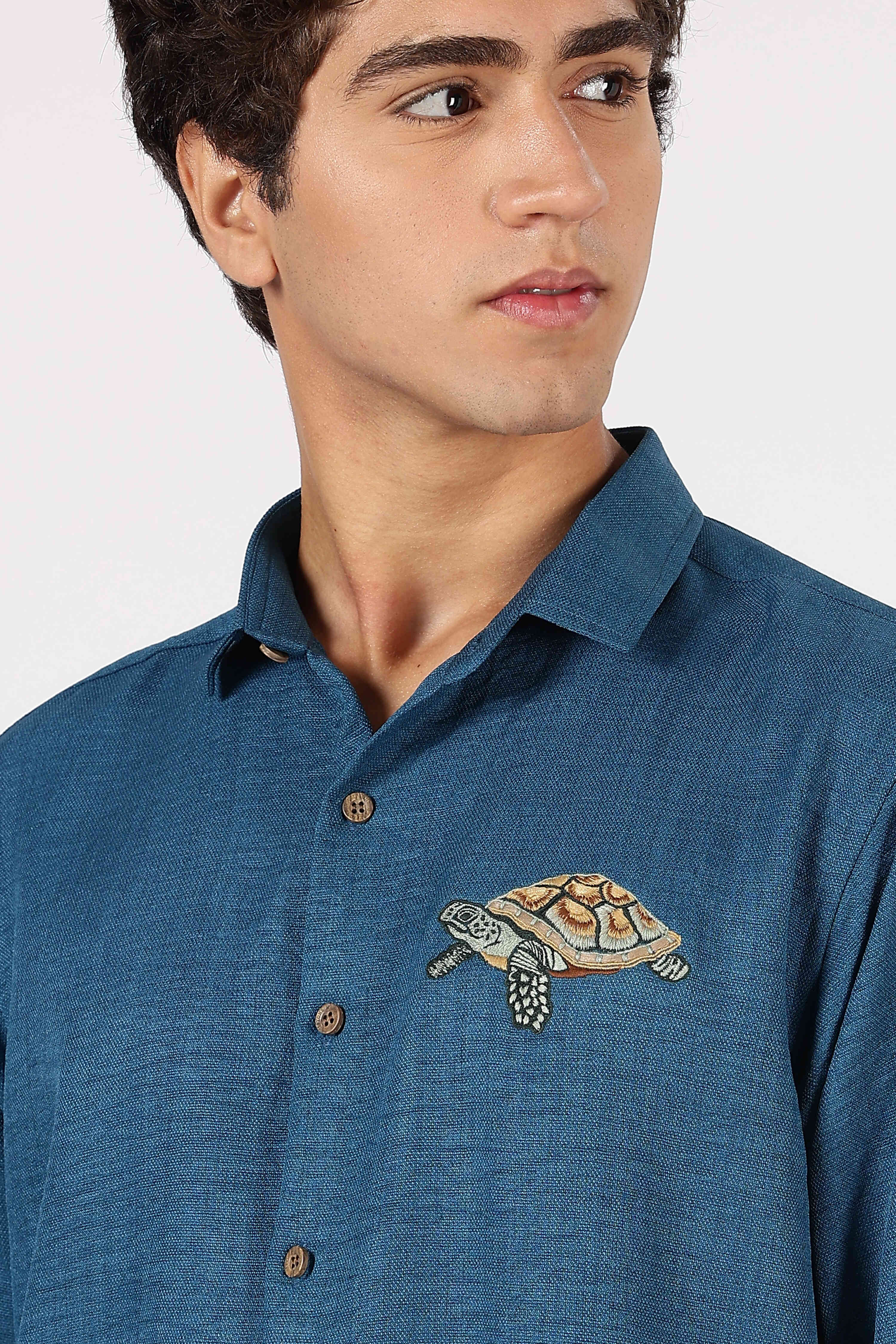 Ocean Turtle Cotton Regular Fit Blue Embroidered Shirt