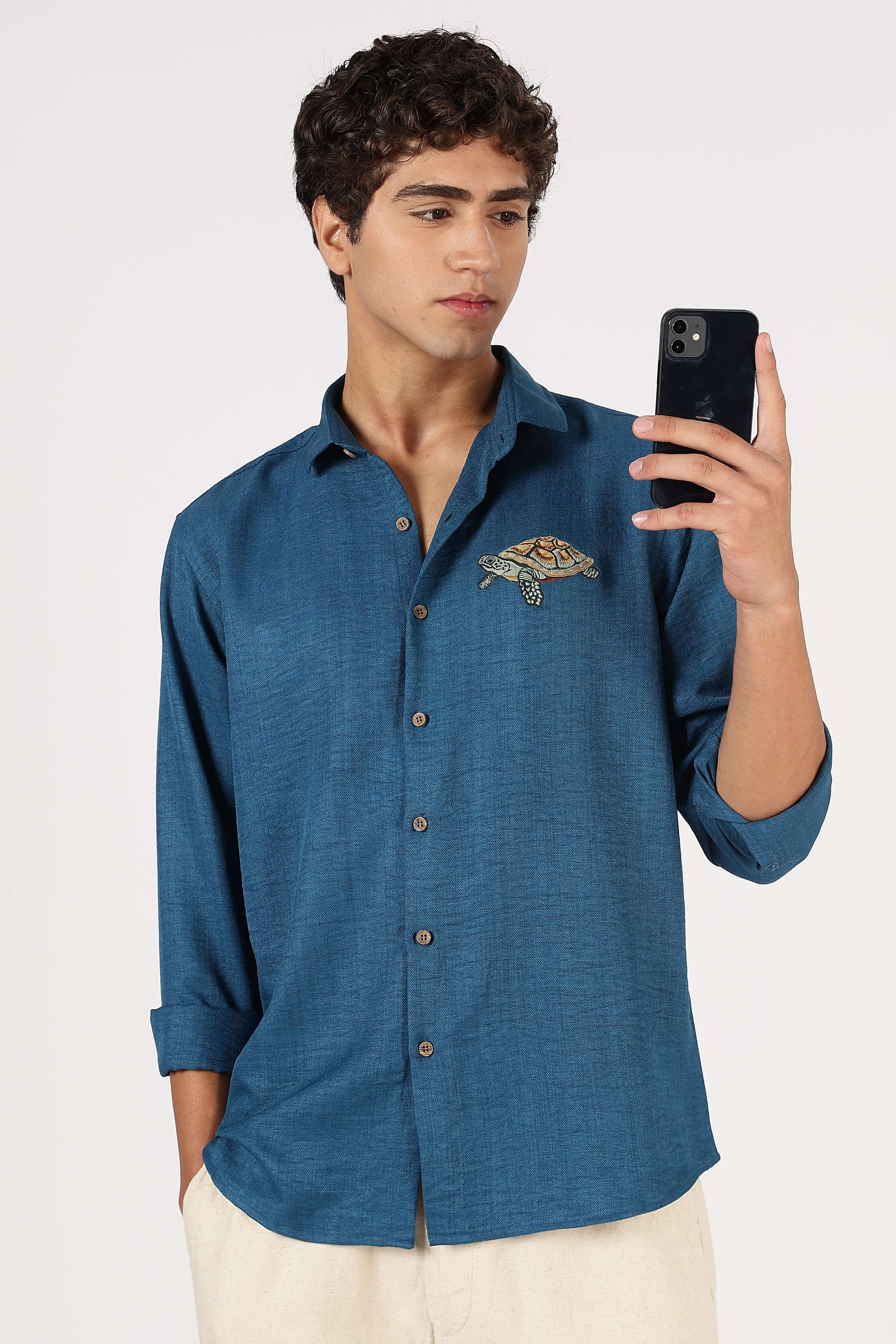 Ocean Turtle Cotton Regular Fit Blue Embroidered Shirt