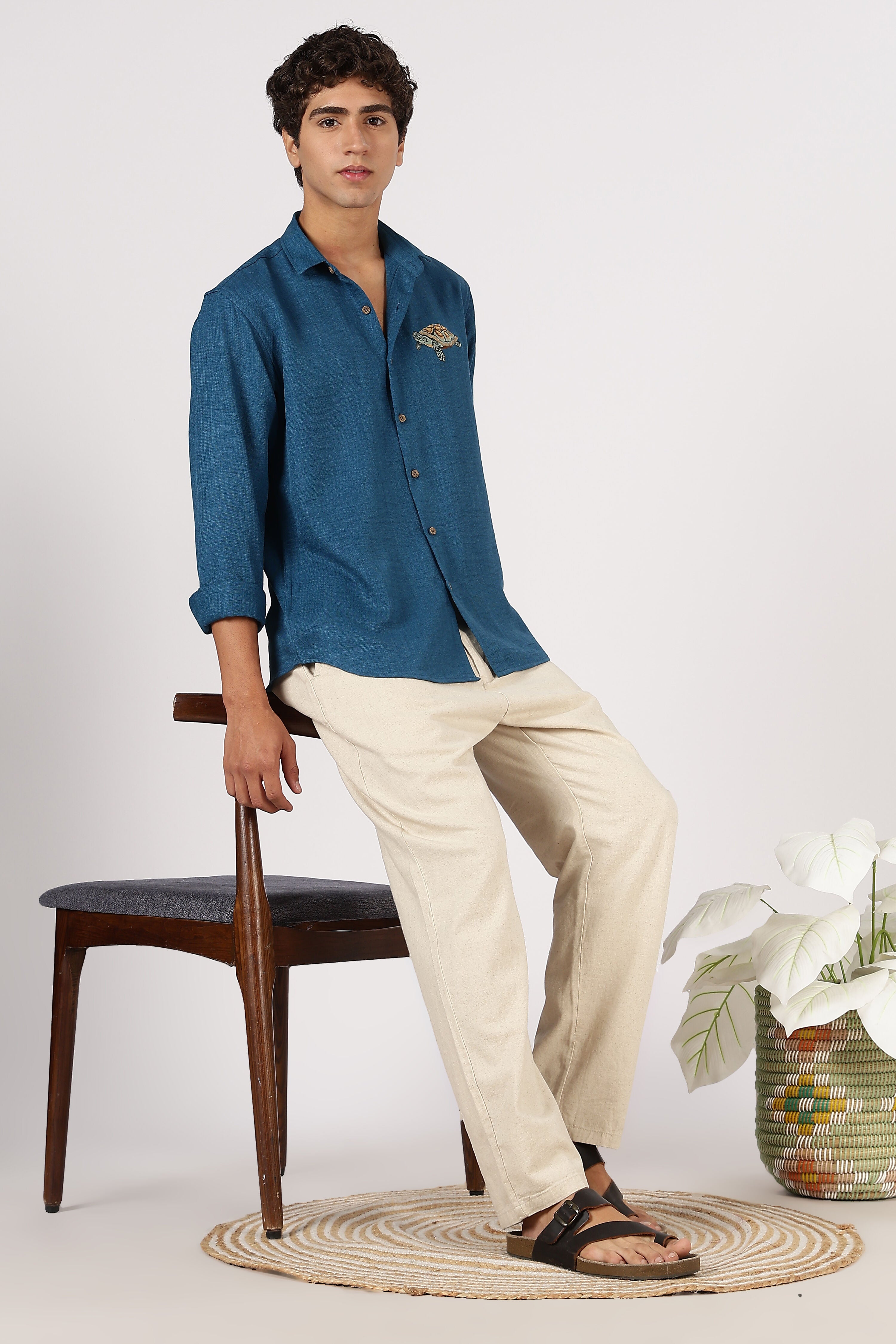 Ocean Turtle Cotton Regular Fit Blue Embroidered Shirt