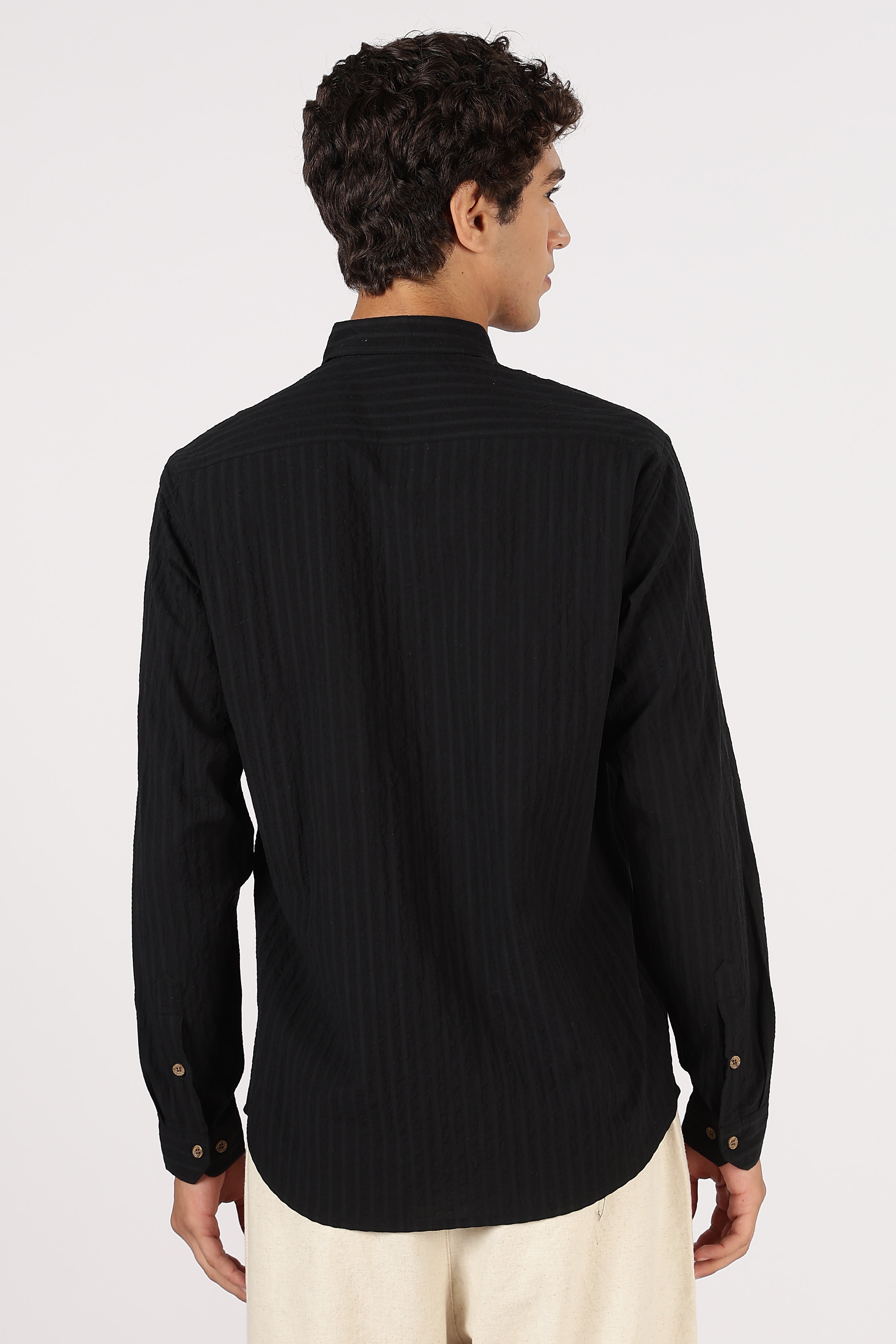 Midnight Jazz Cotton Regular Fit Black Striped Shirt