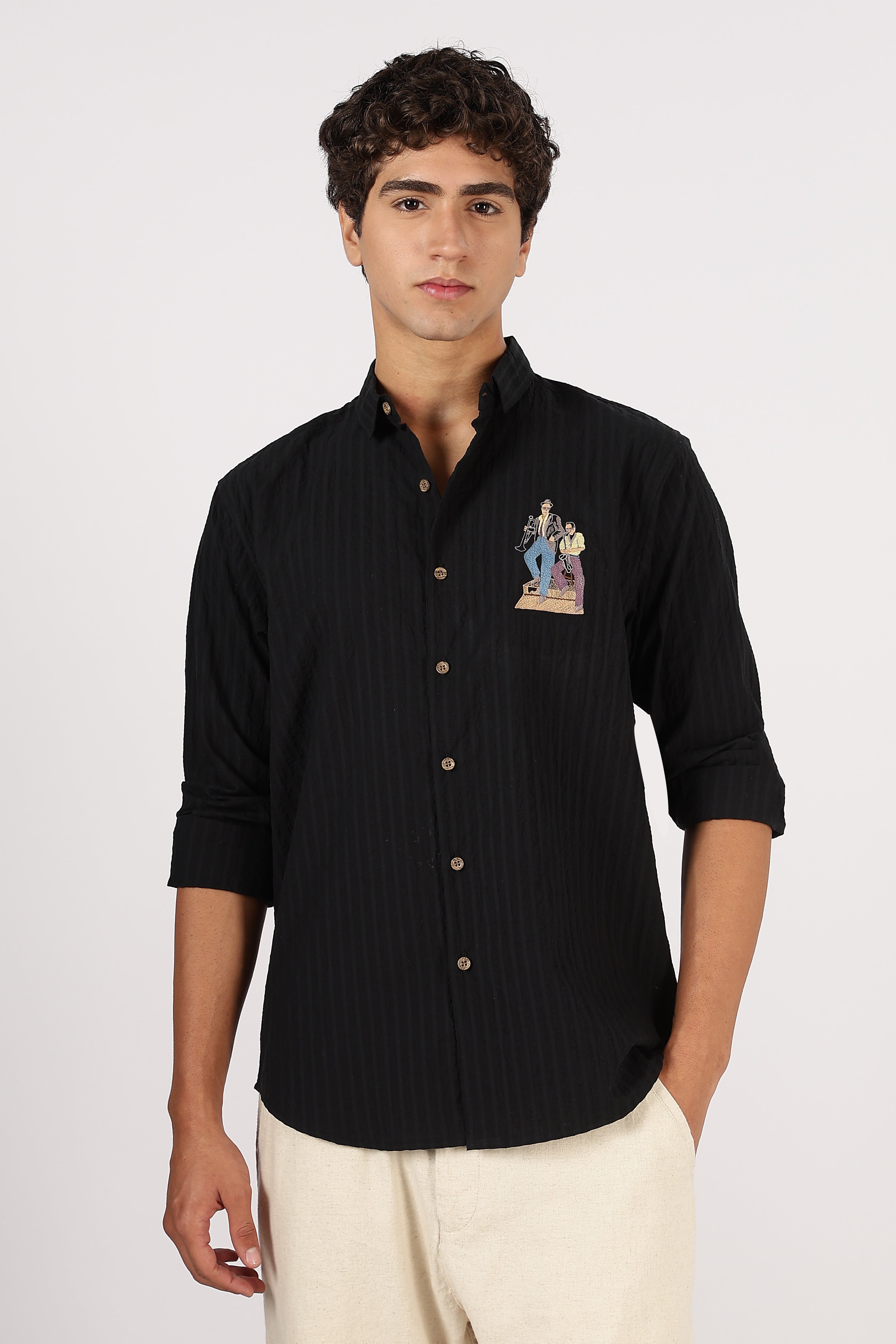 Midnight Jazz Cotton Regular Fit Black Striped Shirt