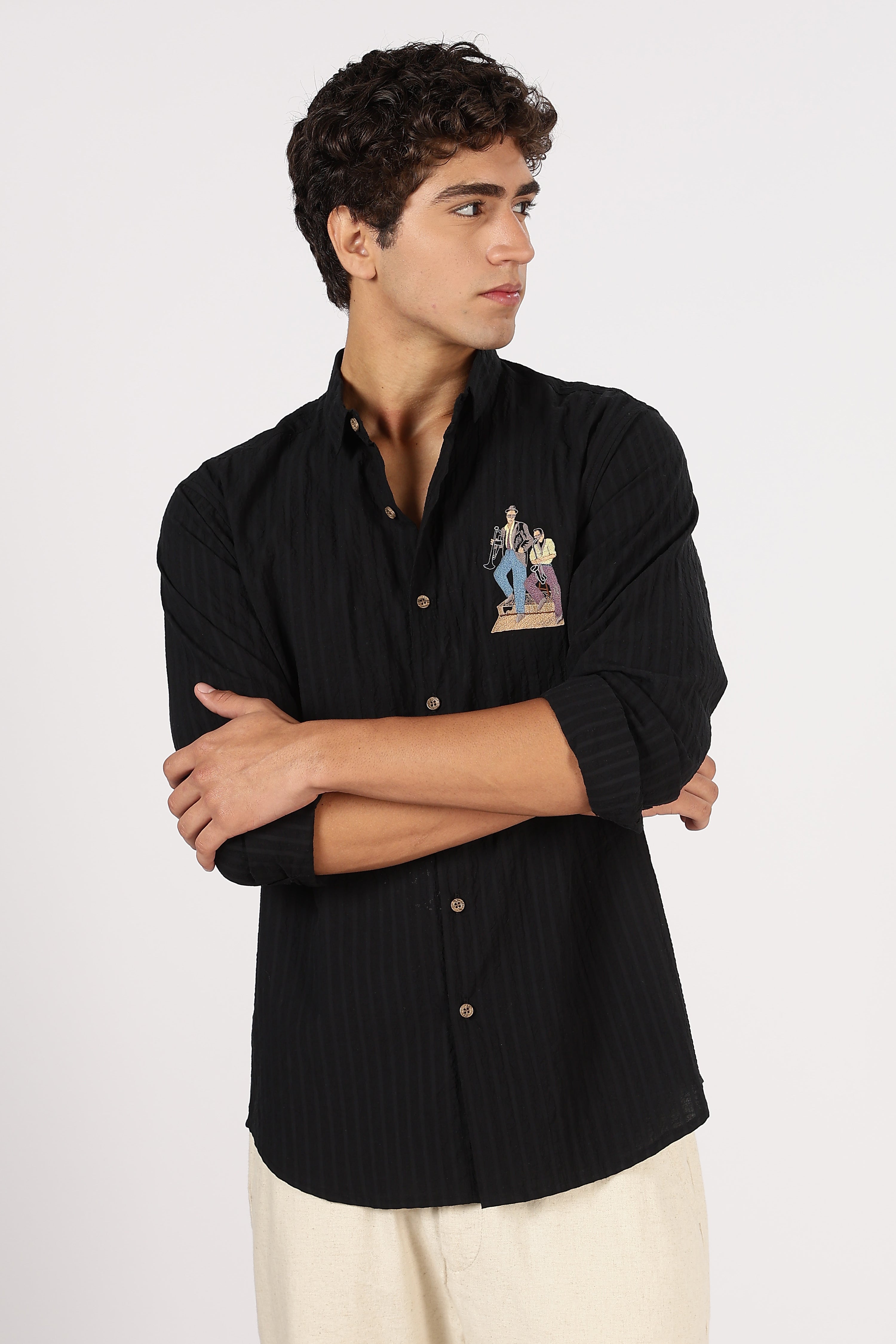 Midnight Jazz Cotton Regular Fit Black Striped Shirt