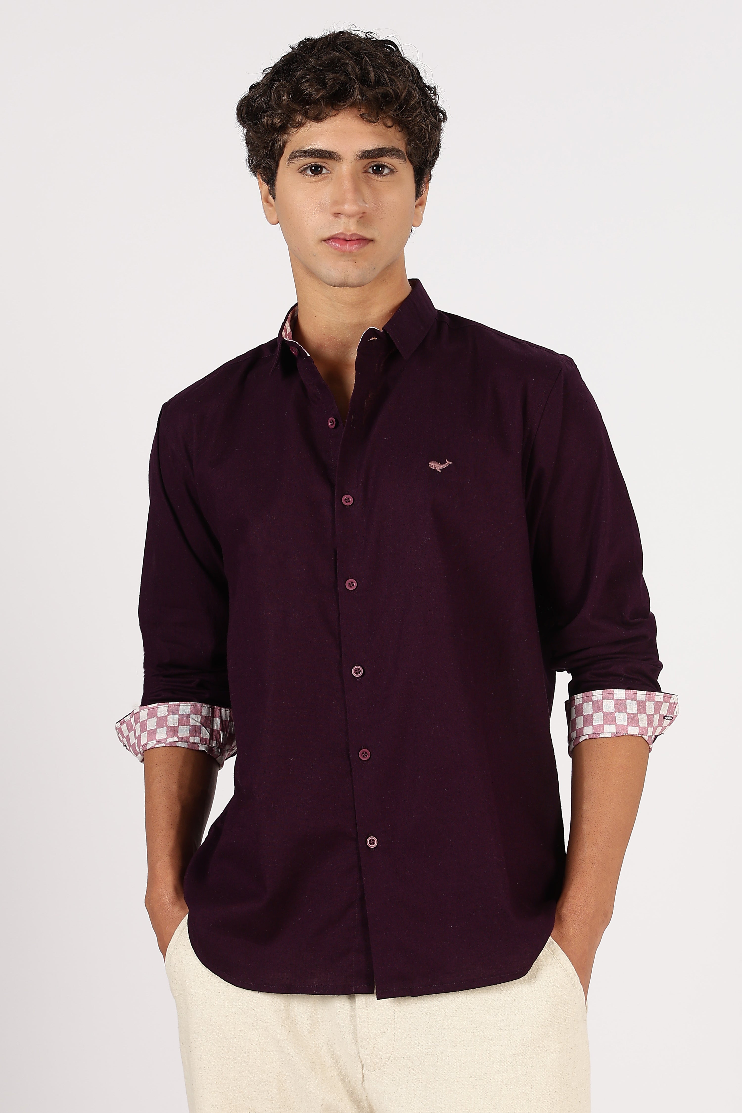 Burgundy Crest Cotton Regular Fit Purple Embroidered Shirt