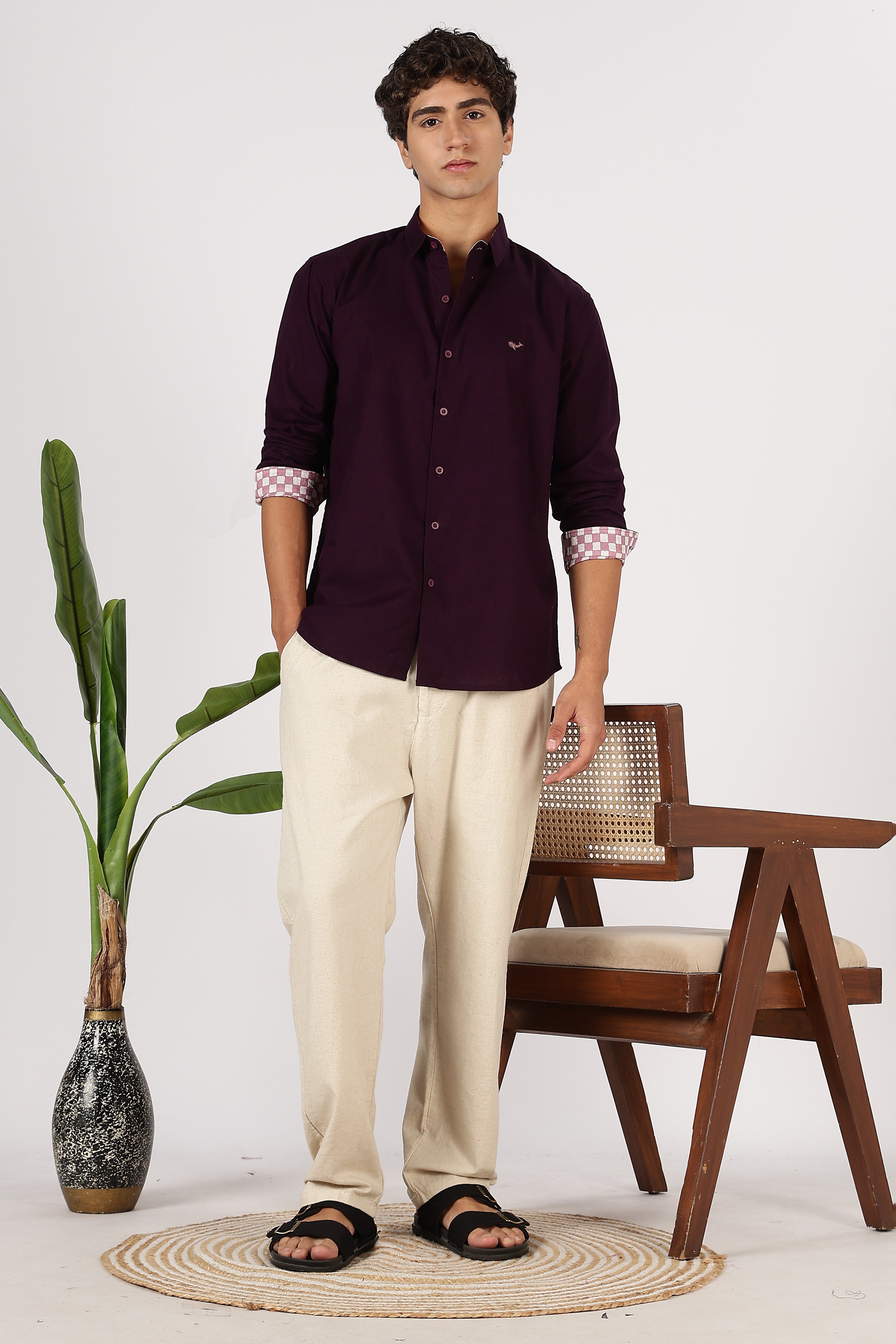 Burgundy Crest Cotton Regular Fit Purple Embroidered Shirt