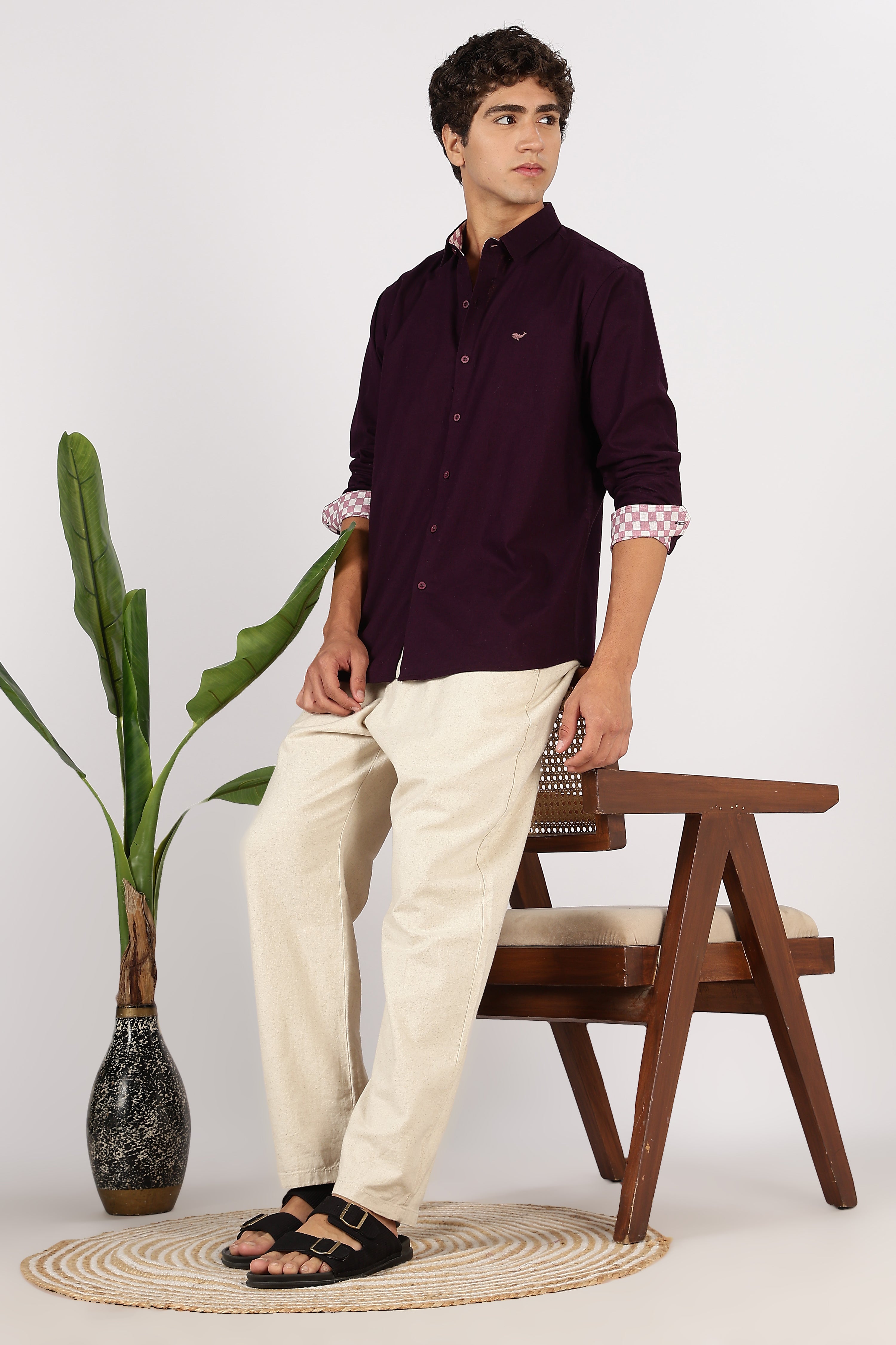 Burgundy Crest Cotton Regular Fit Purple Embroidered Shirt