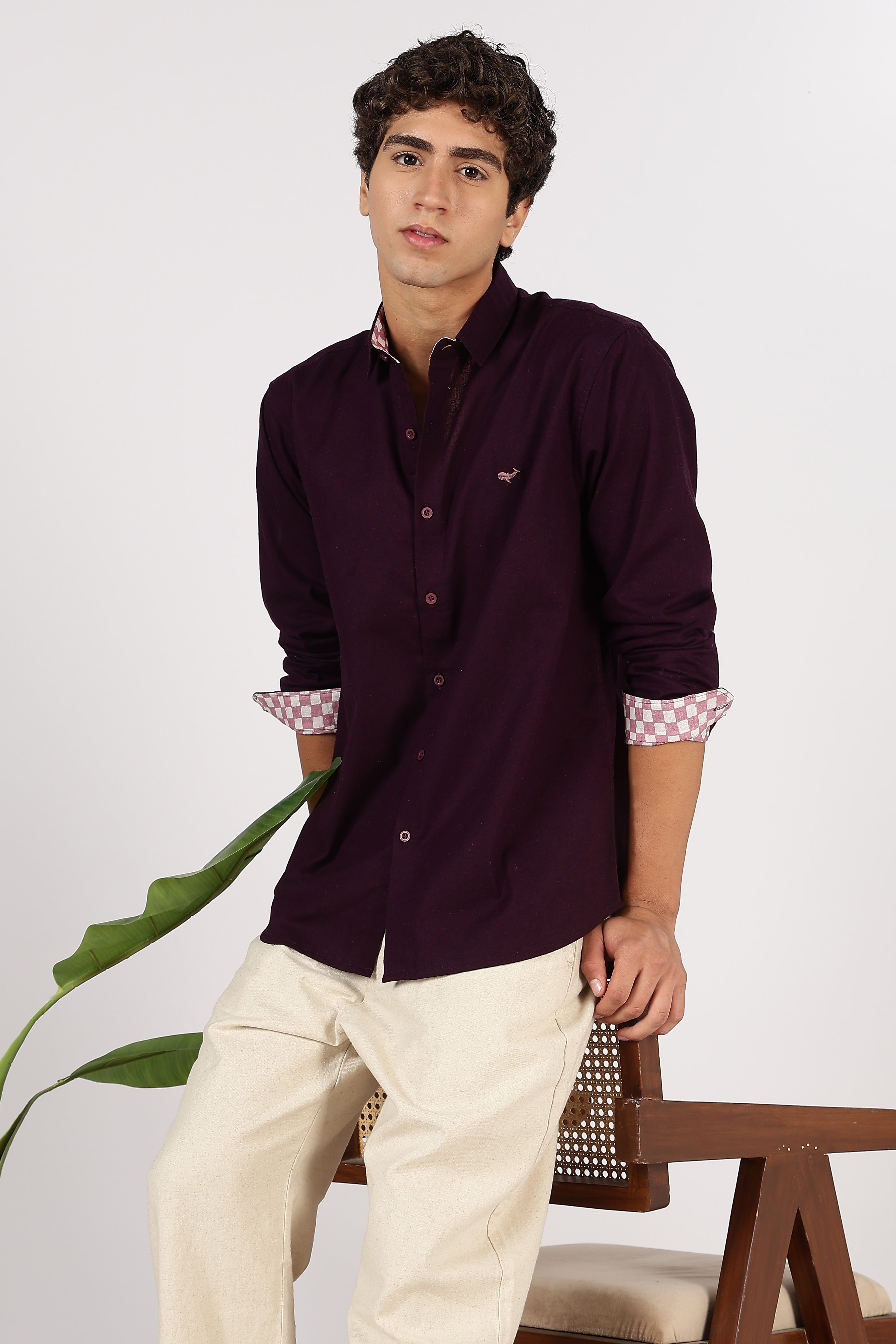Burgundy Crest Cotton Regular Fit Purple Embroidered Shirt