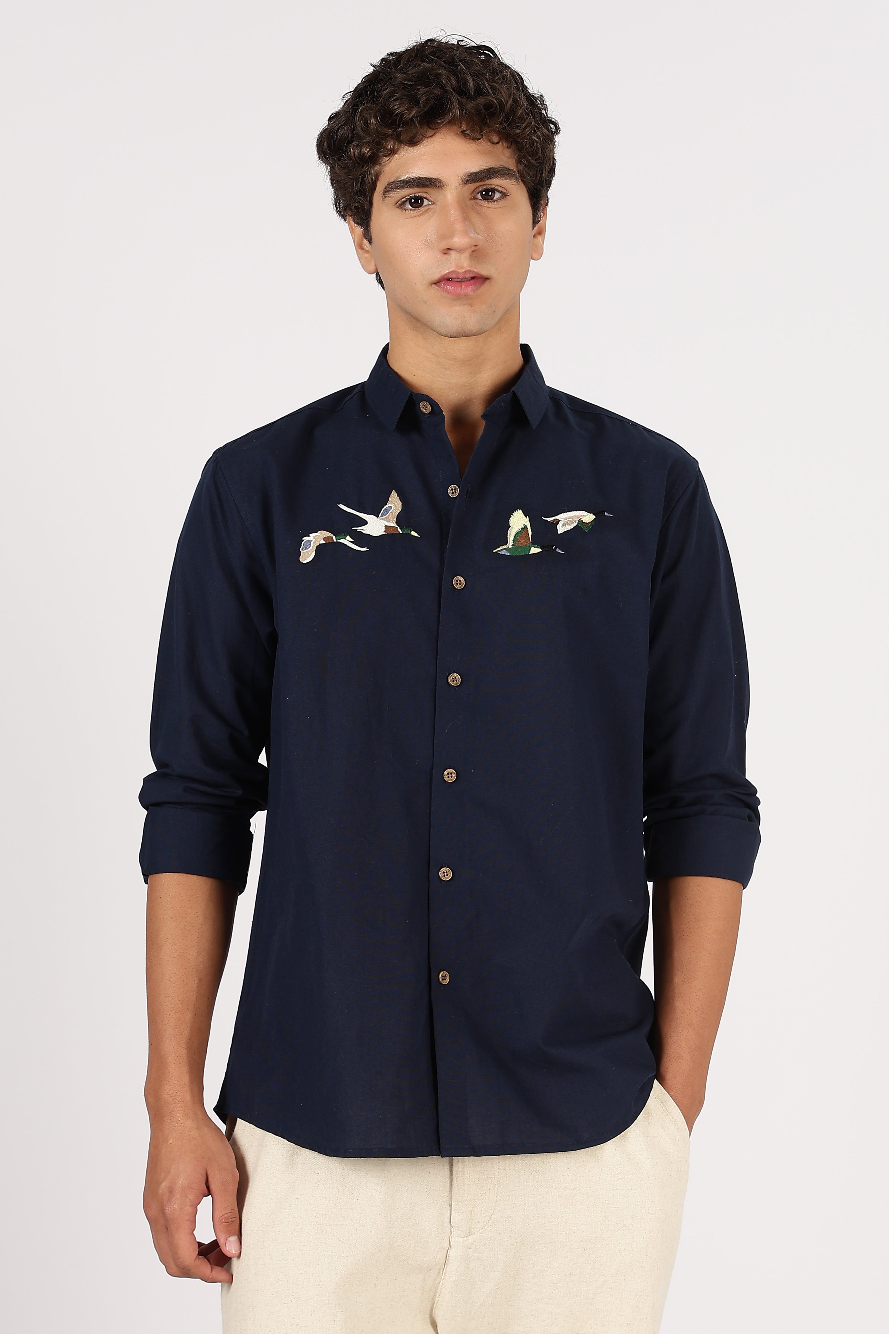 Flying Ducks Cotton Regular Fit Blue Embroidered Shirt