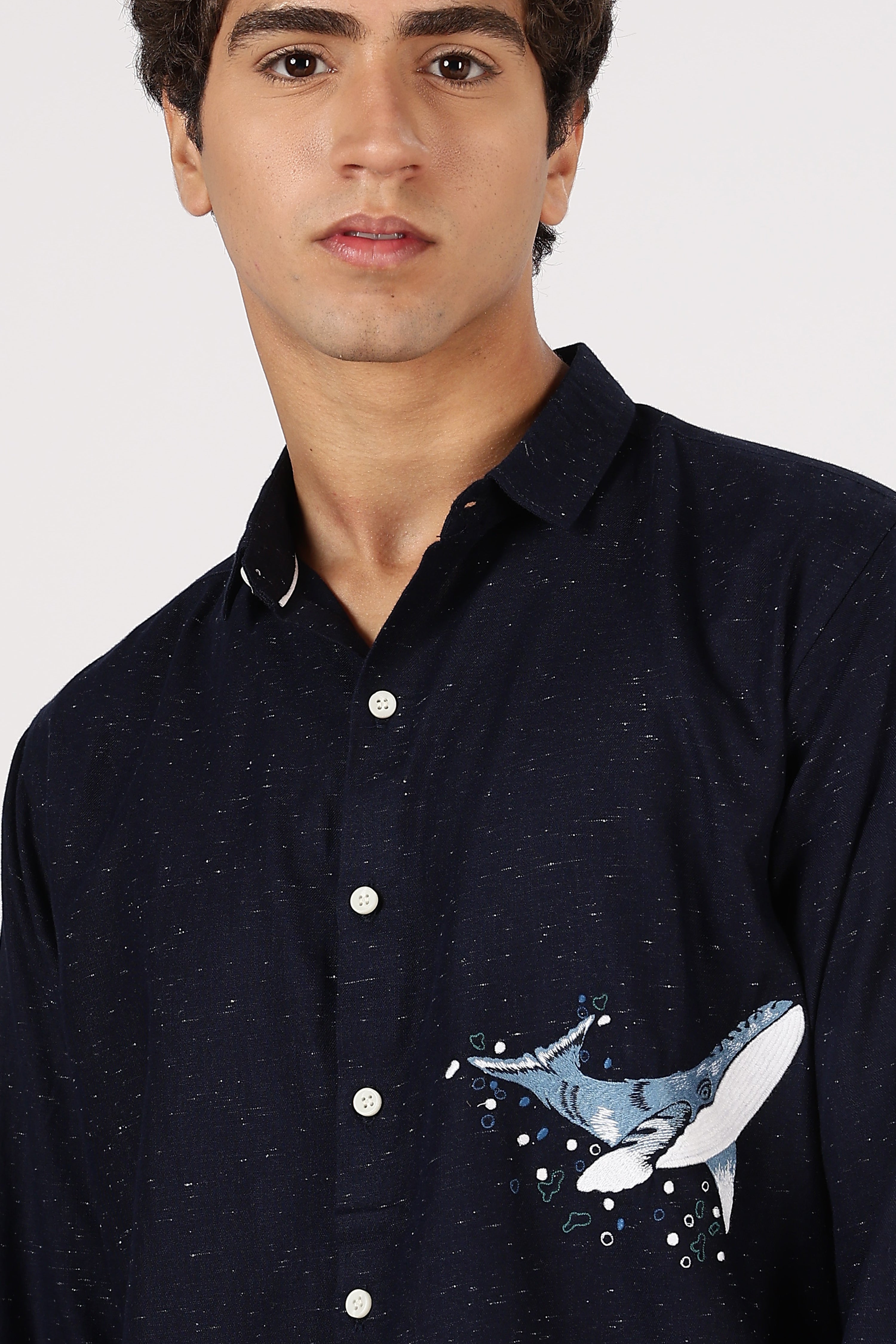 Ocean Glide Cotton Regular Fit Navy Embroidered Shirt