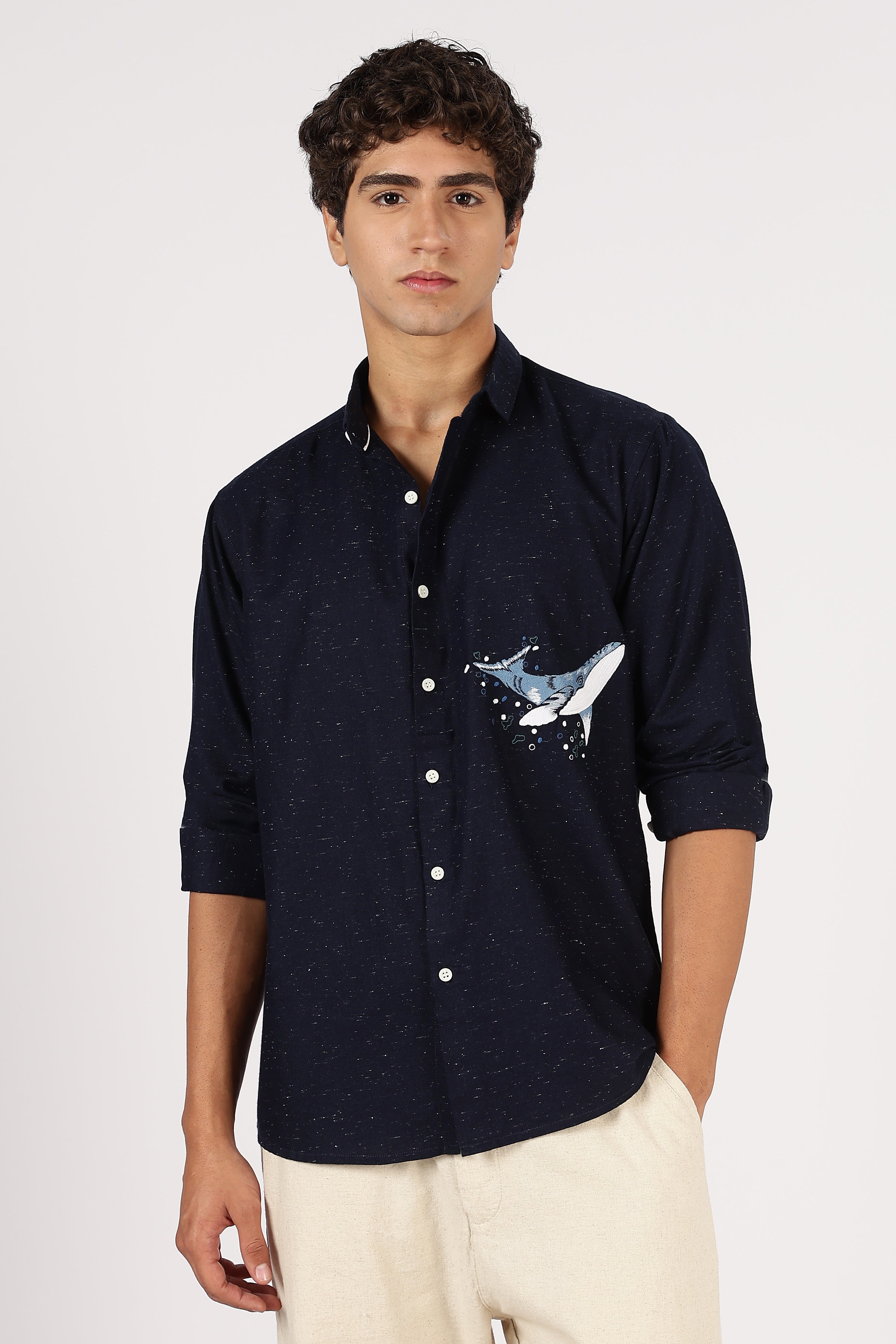 Ocean Glide Cotton Regular Fit Navy Embroidered Shirt