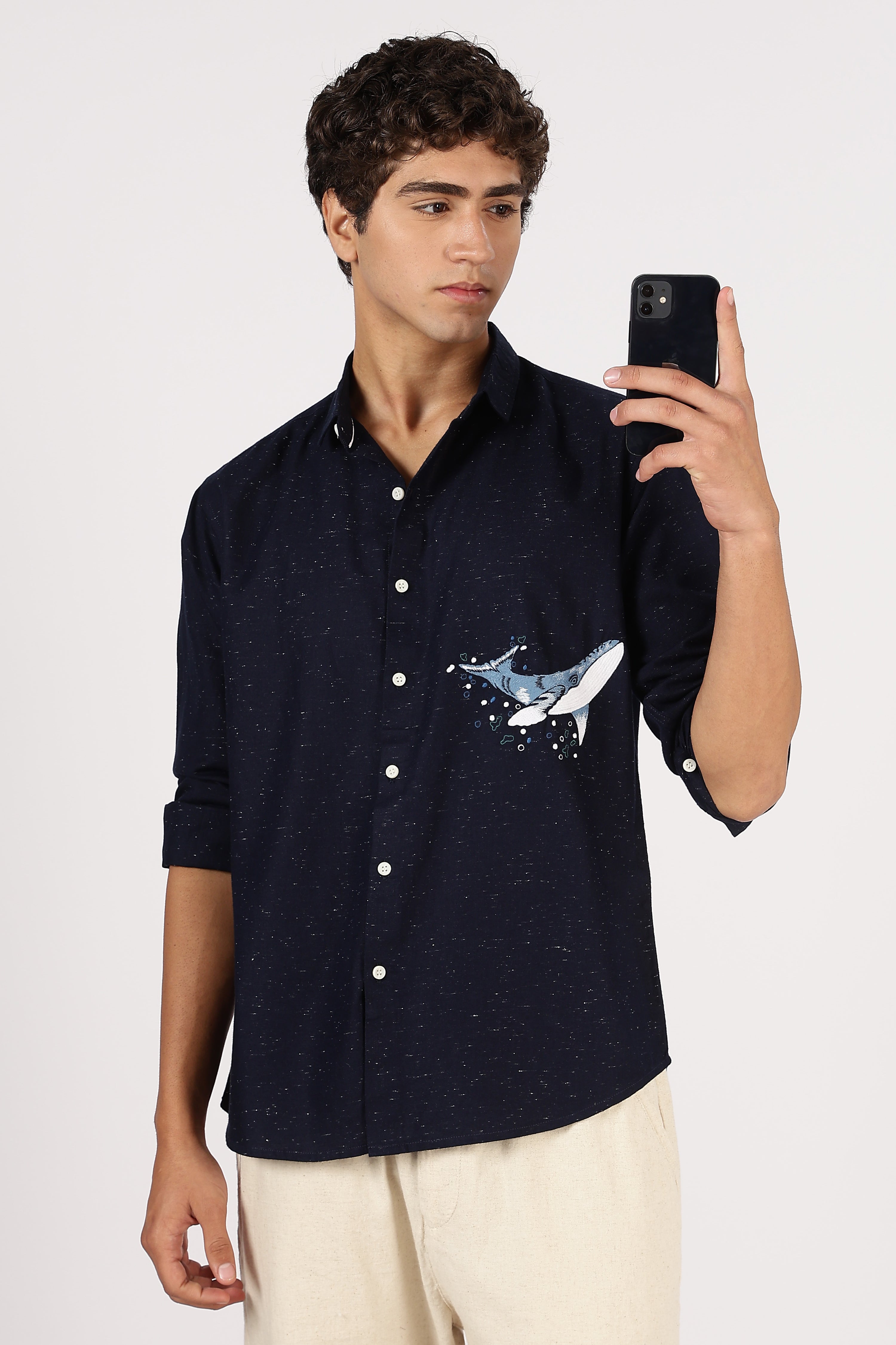 Ocean Glide Cotton Regular Fit Navy Embroidered Shirt