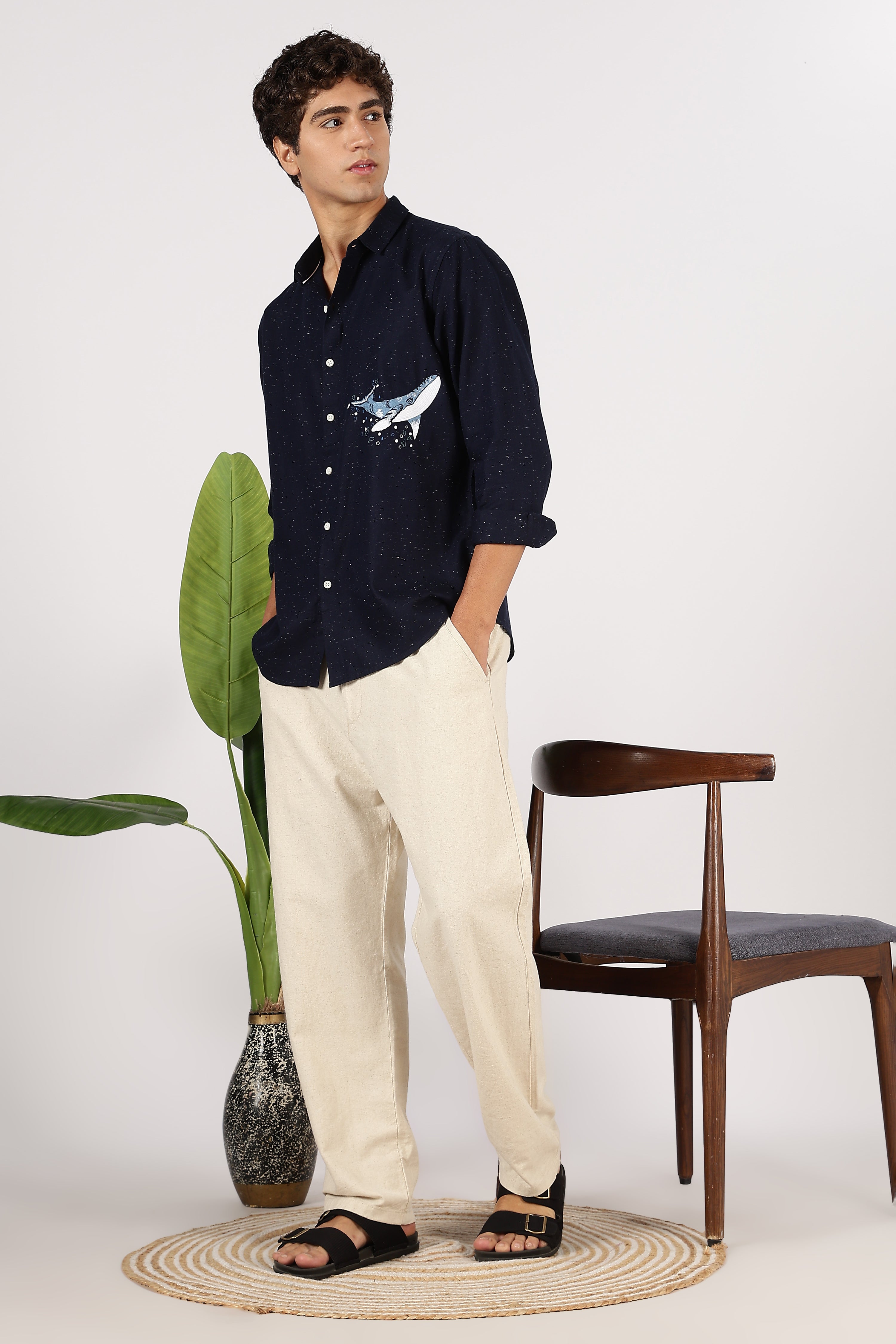 Ocean Glide Cotton Regular Fit Navy Embroidered Shirt