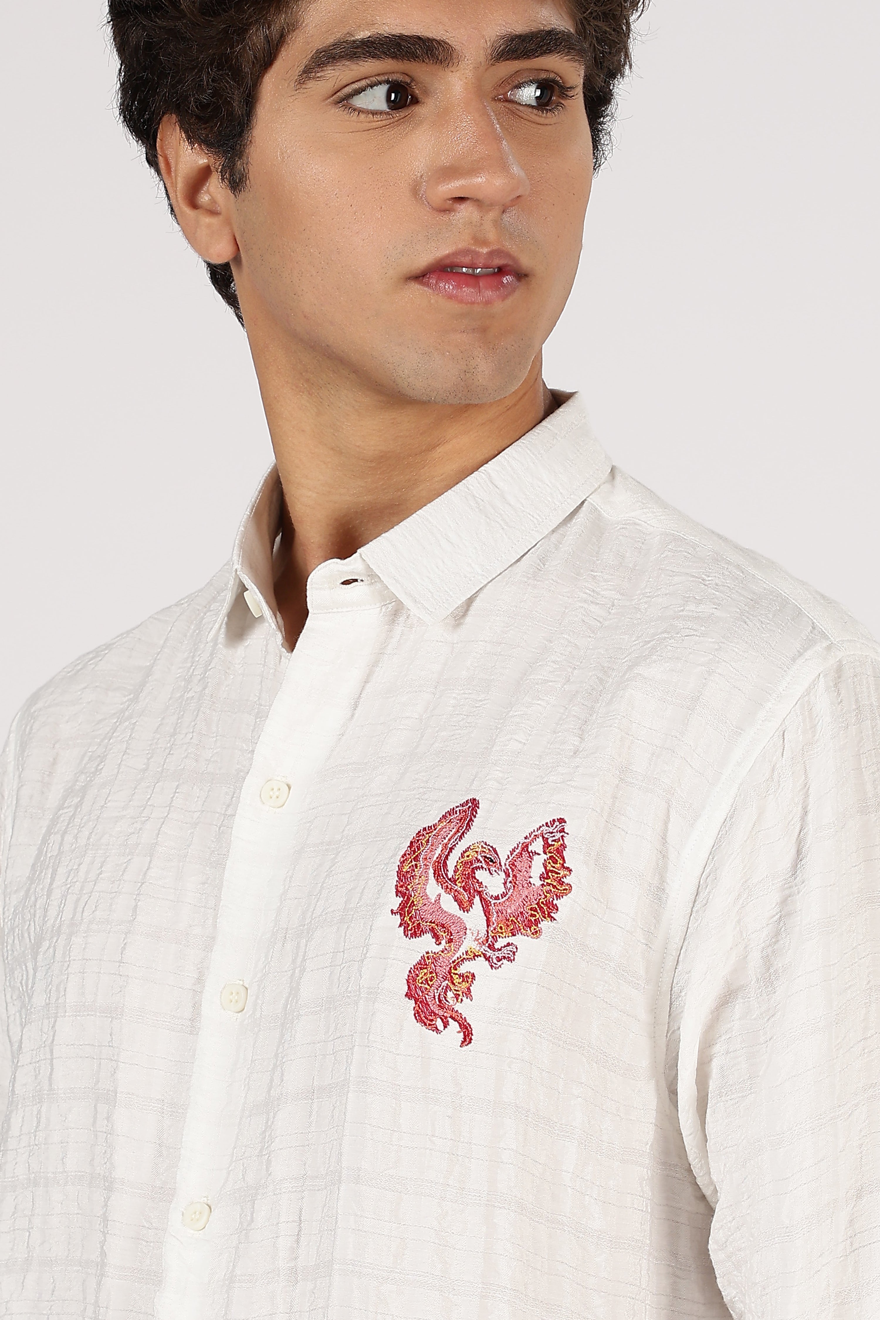 Crimson Phoenix Cotton Regular Fit White Embroidered Shirt