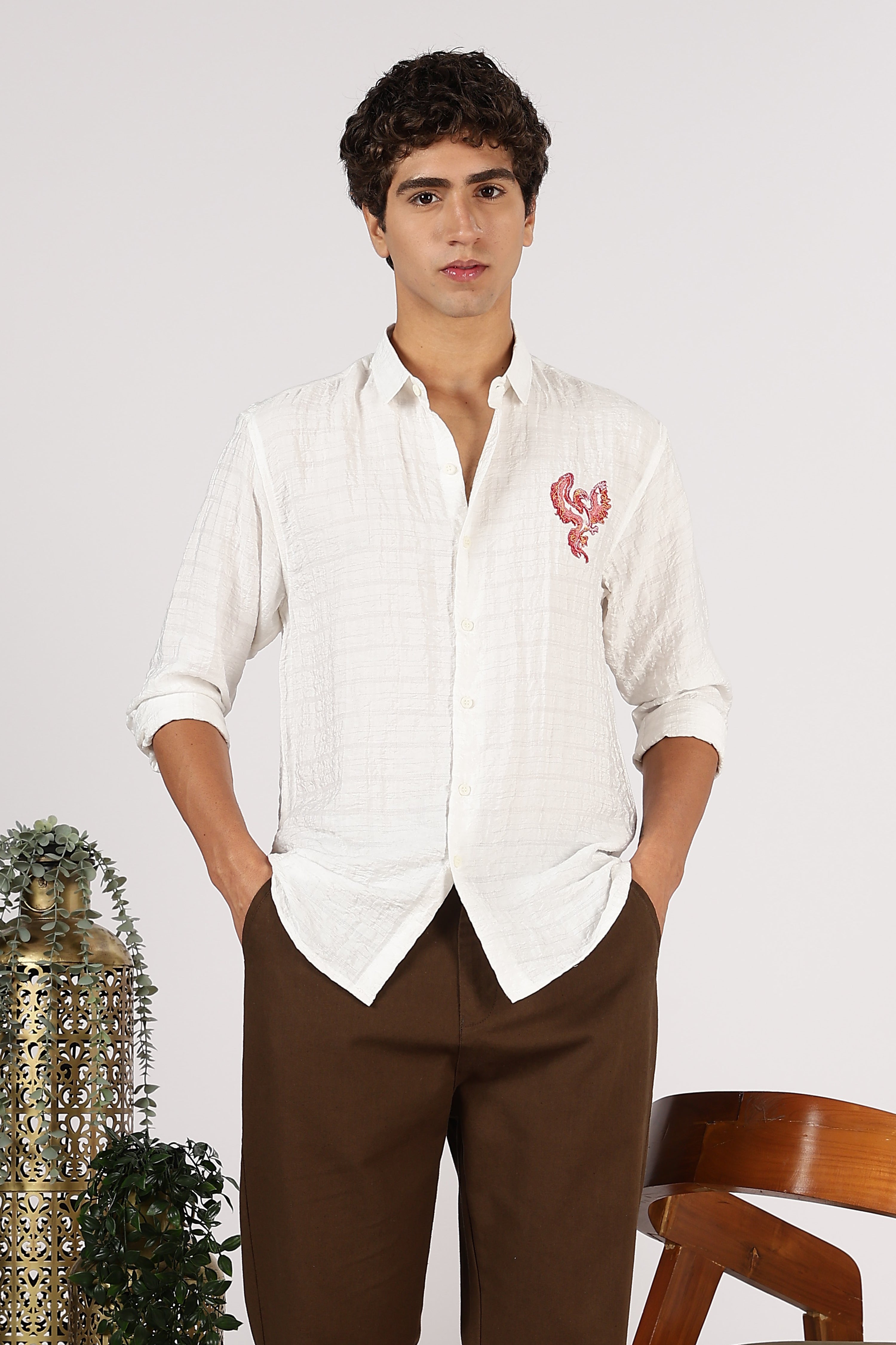 Crimson Phoenix Cotton Regular Fit White Embroidered Shirt