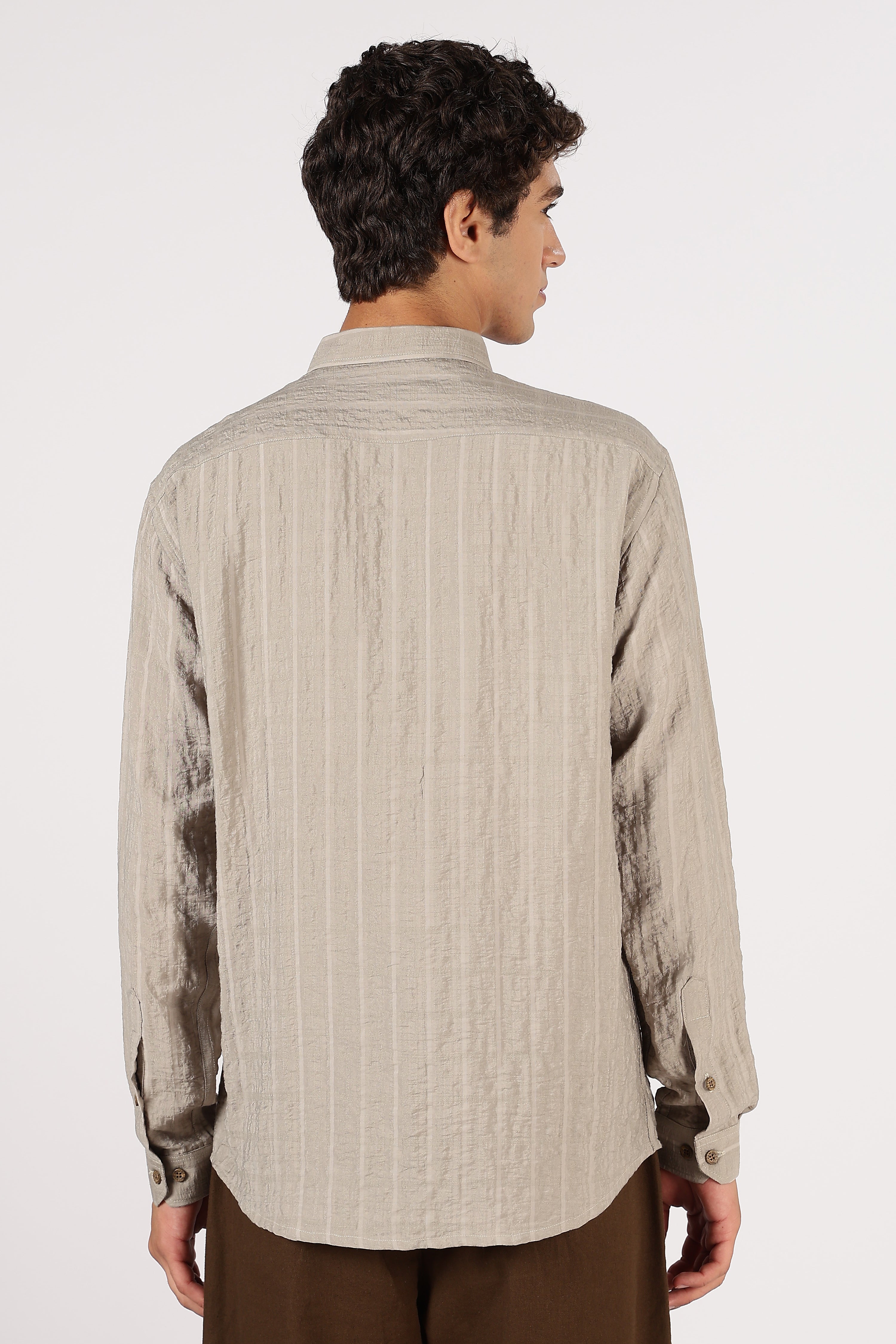 Taupe Island Drift Cotton Regular Fit Brown Embroidered Shirt