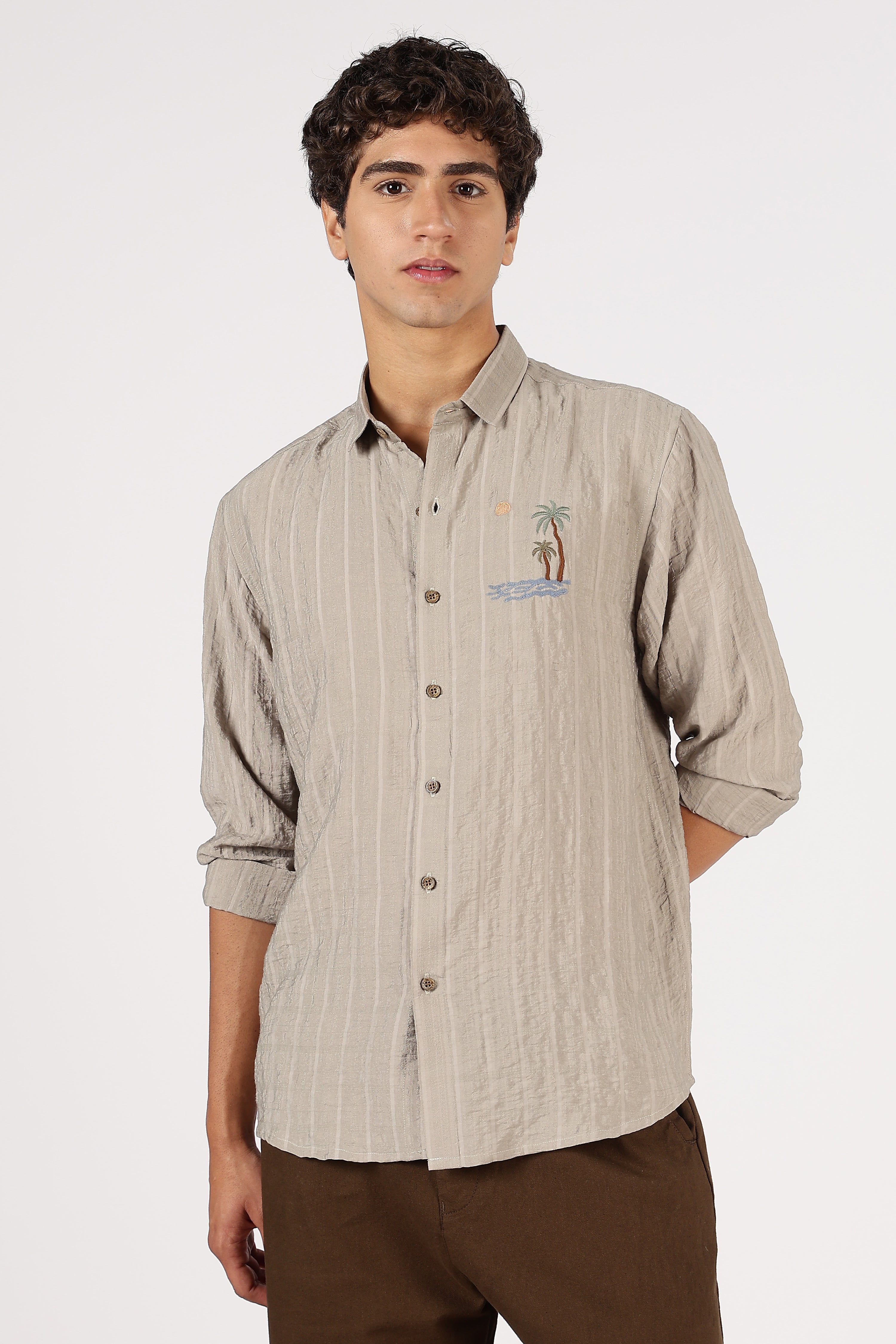 Taupe Island Drift Cotton Regular Fit Brown Embroidered Shirt
