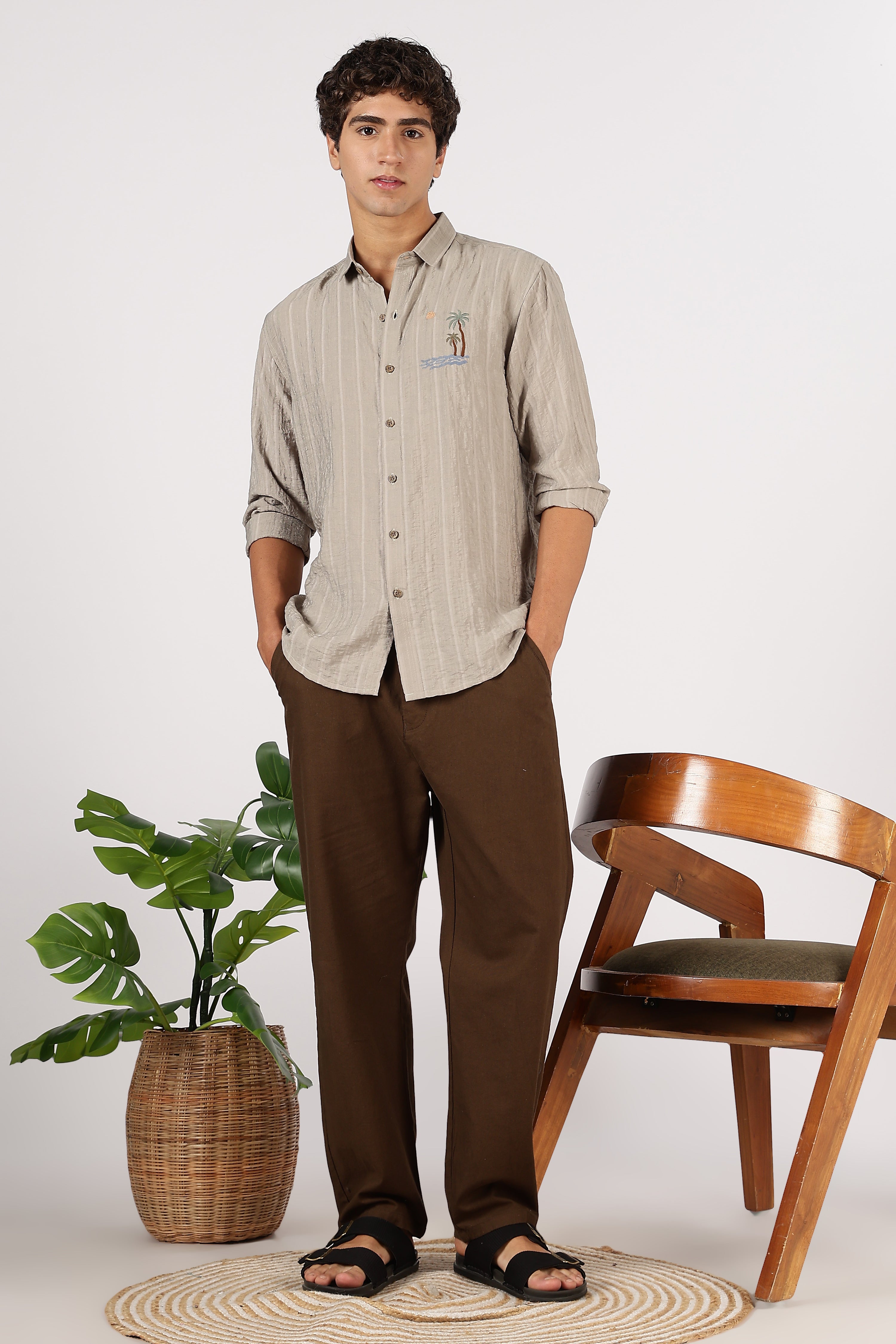 Taupe Island Drift Cotton Regular Fit Brown Embroidered Shirt