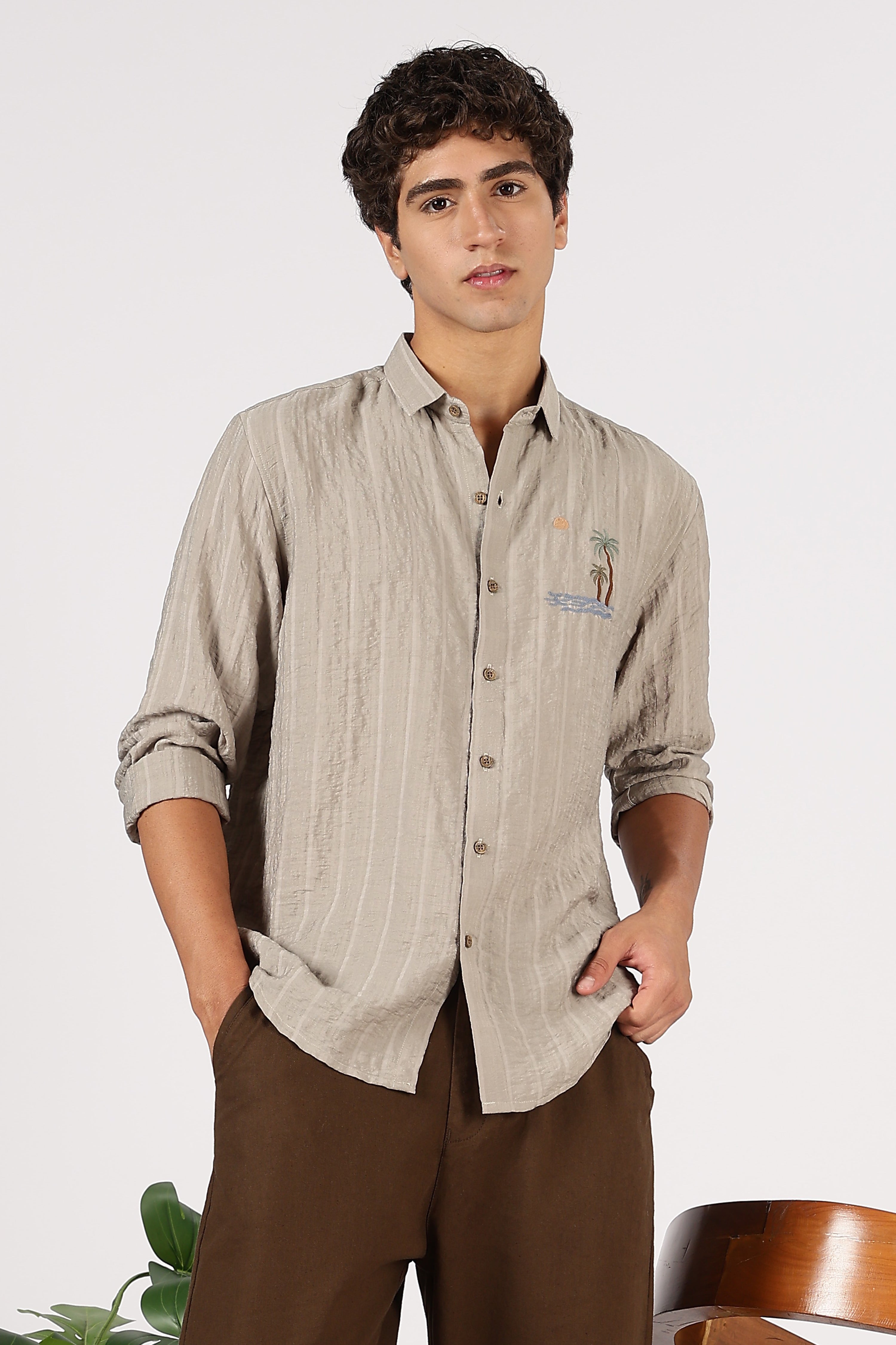 Taupe Island Drift Cotton Regular Fit Brown Embroidered Shirt