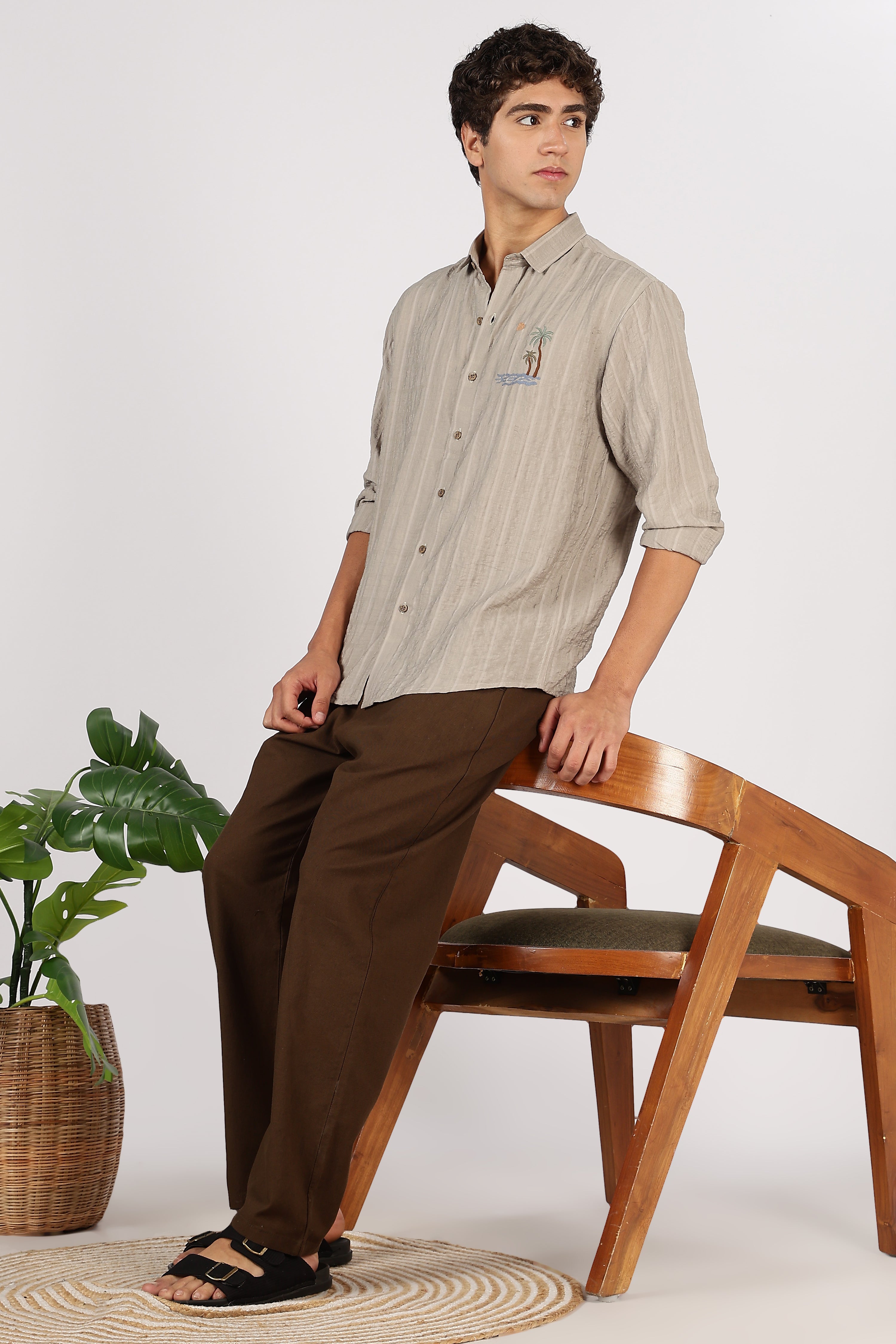 Taupe Island Drift Cotton Regular Fit Brown Embroidered Shirt
