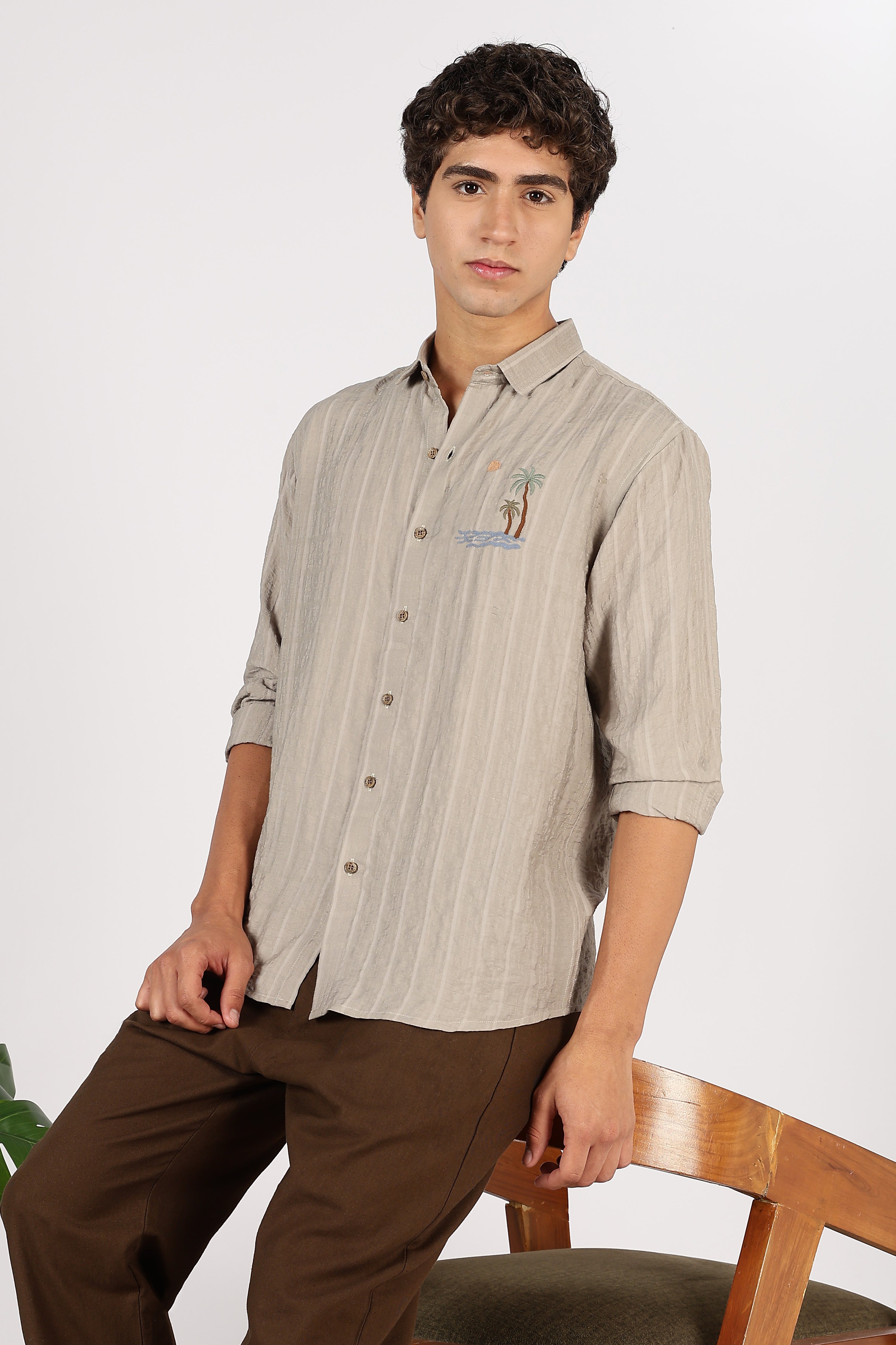 Taupe Island Drift Cotton Regular Fit Brown Embroidered Shirt