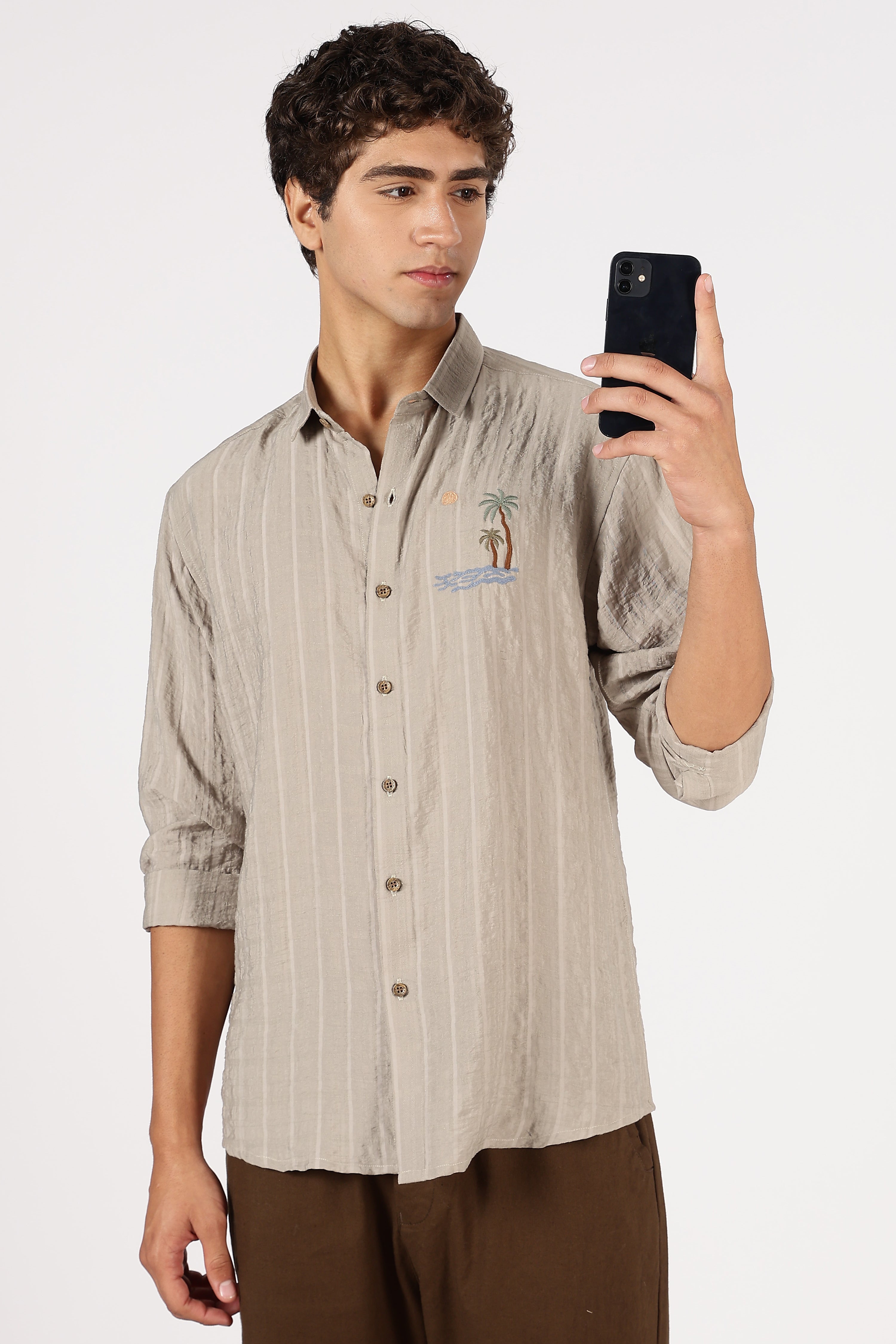 Taupe Island Drift Cotton Regular Fit Brown Embroidered Shirt