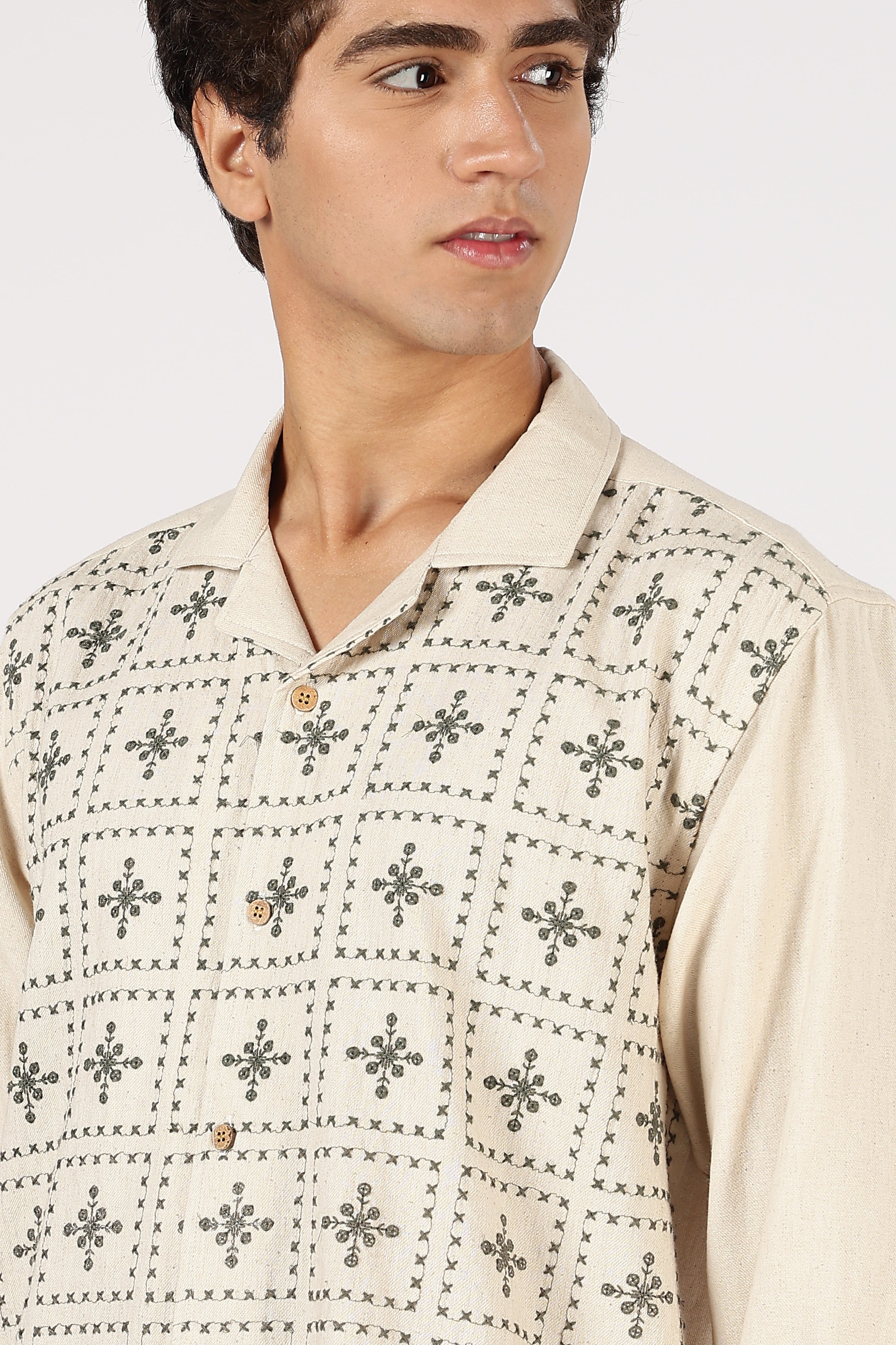 Heritage Grid Cotton Box Fit Beige Embroidered Shirt