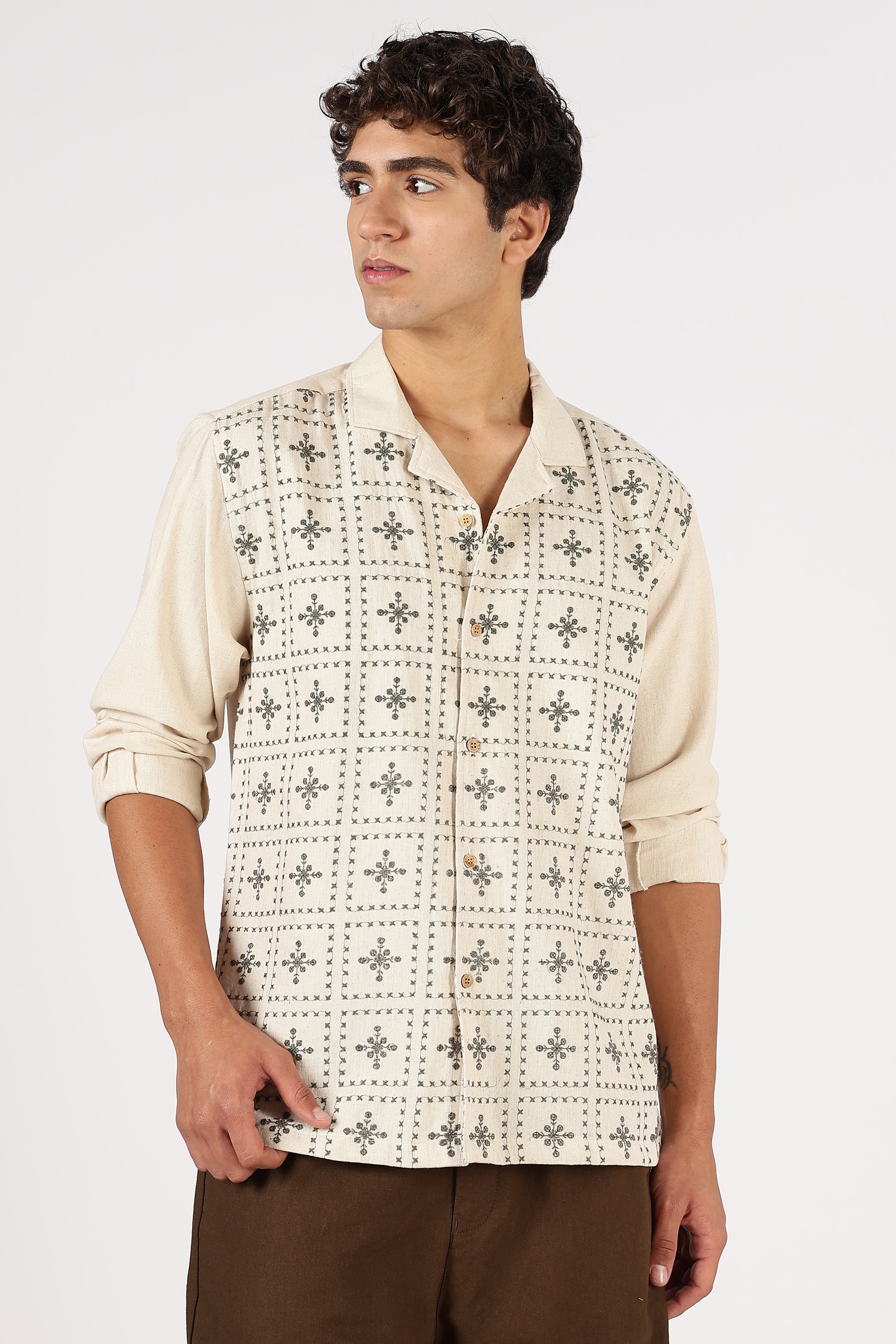 Heritage Grid Cotton Box Fit Beige Embroidered Shirt