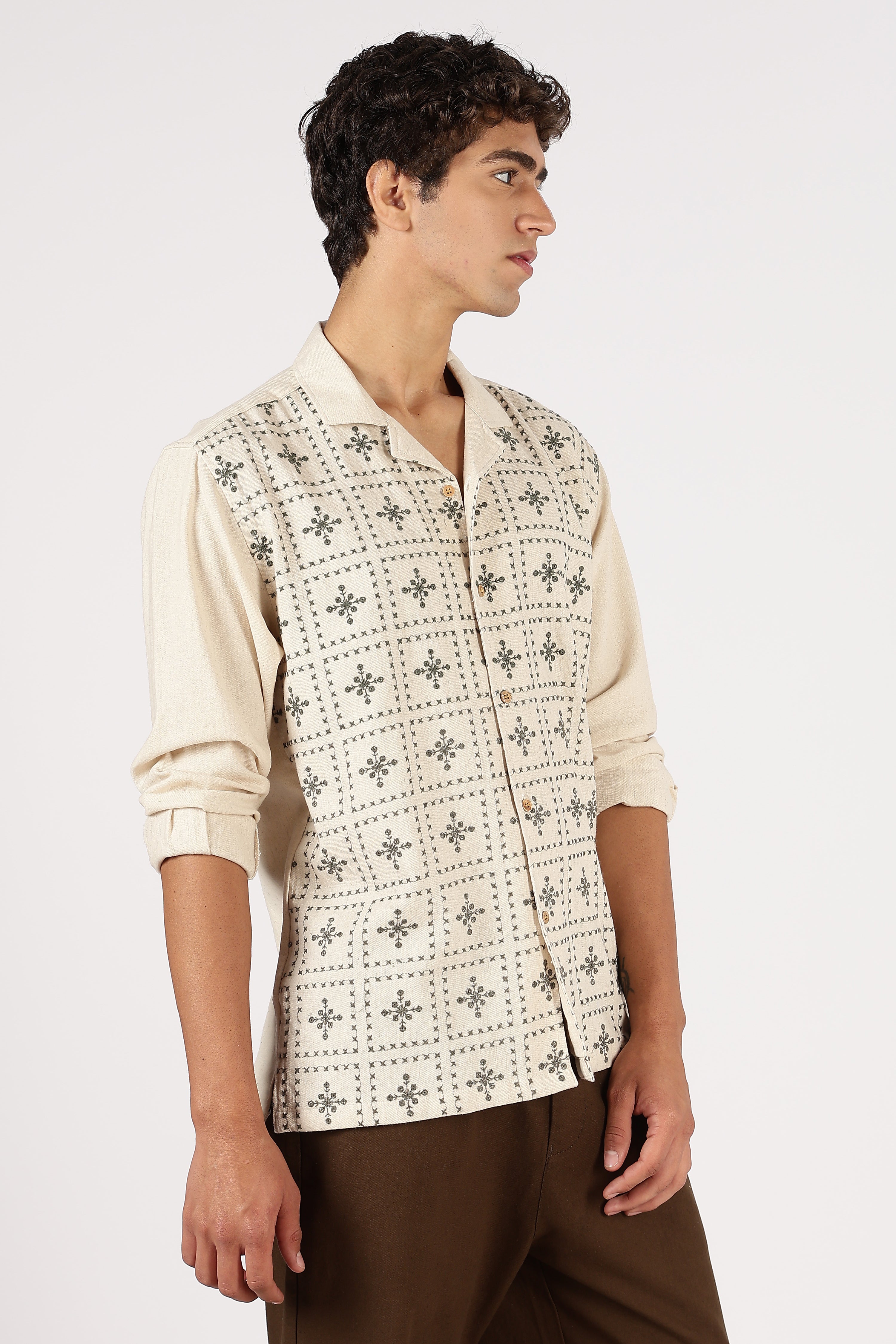 Heritage Grid Cotton Box Fit Beige Embroidered Shirt