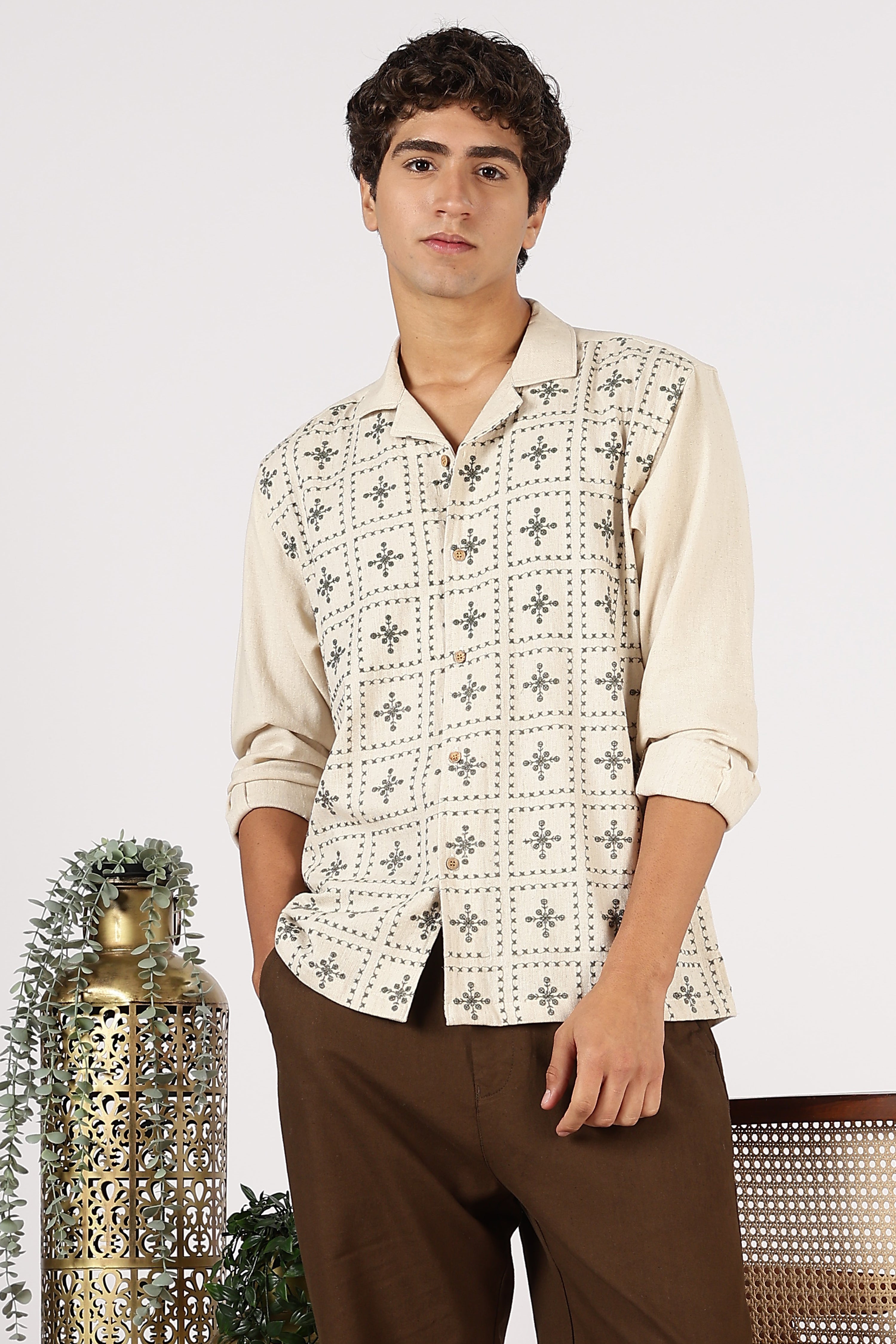 Heritage Grid Cotton Box Fit Beige Embroidered Shirt