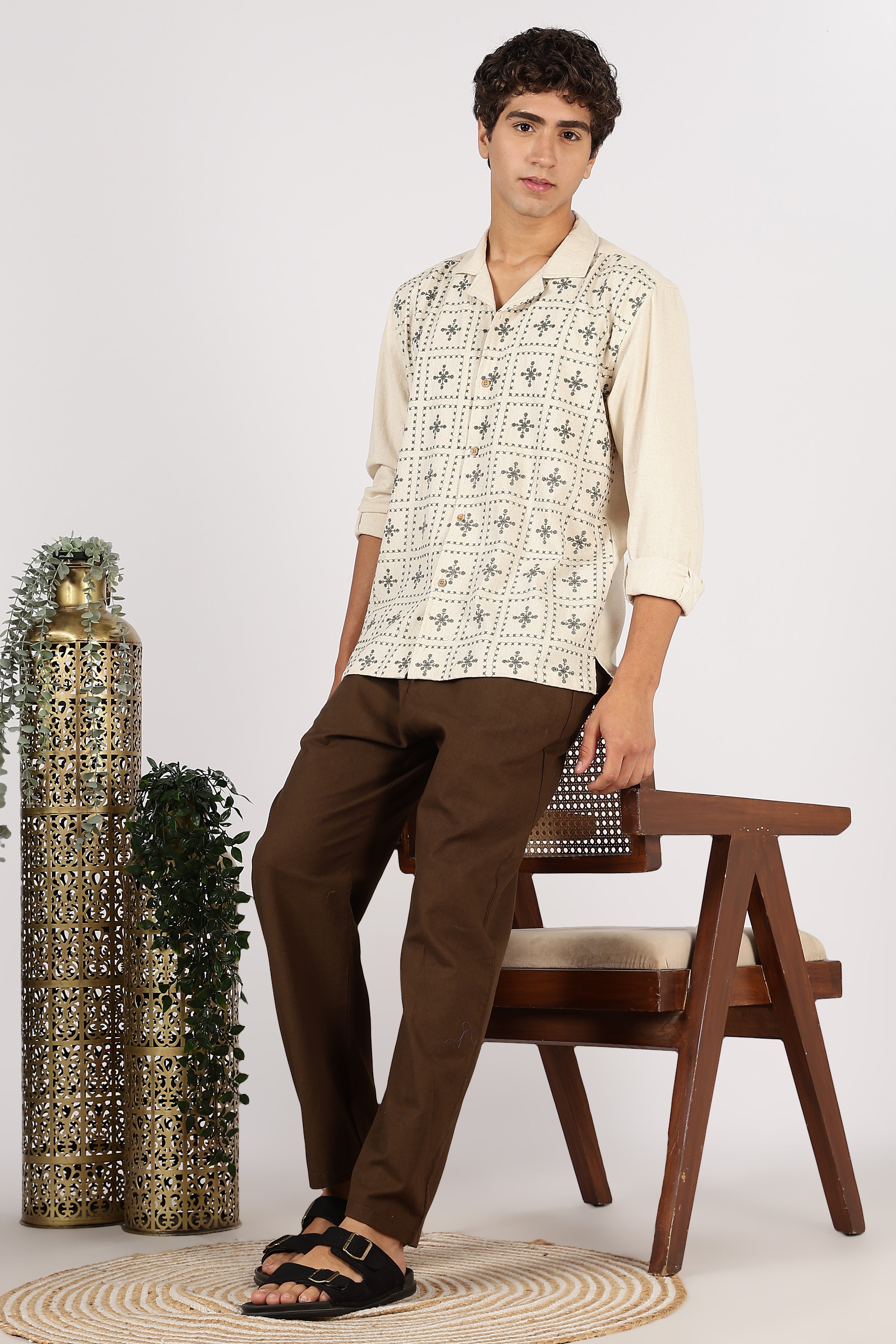 Heritage Grid Cotton Box Fit Beige Embroidered Shirt