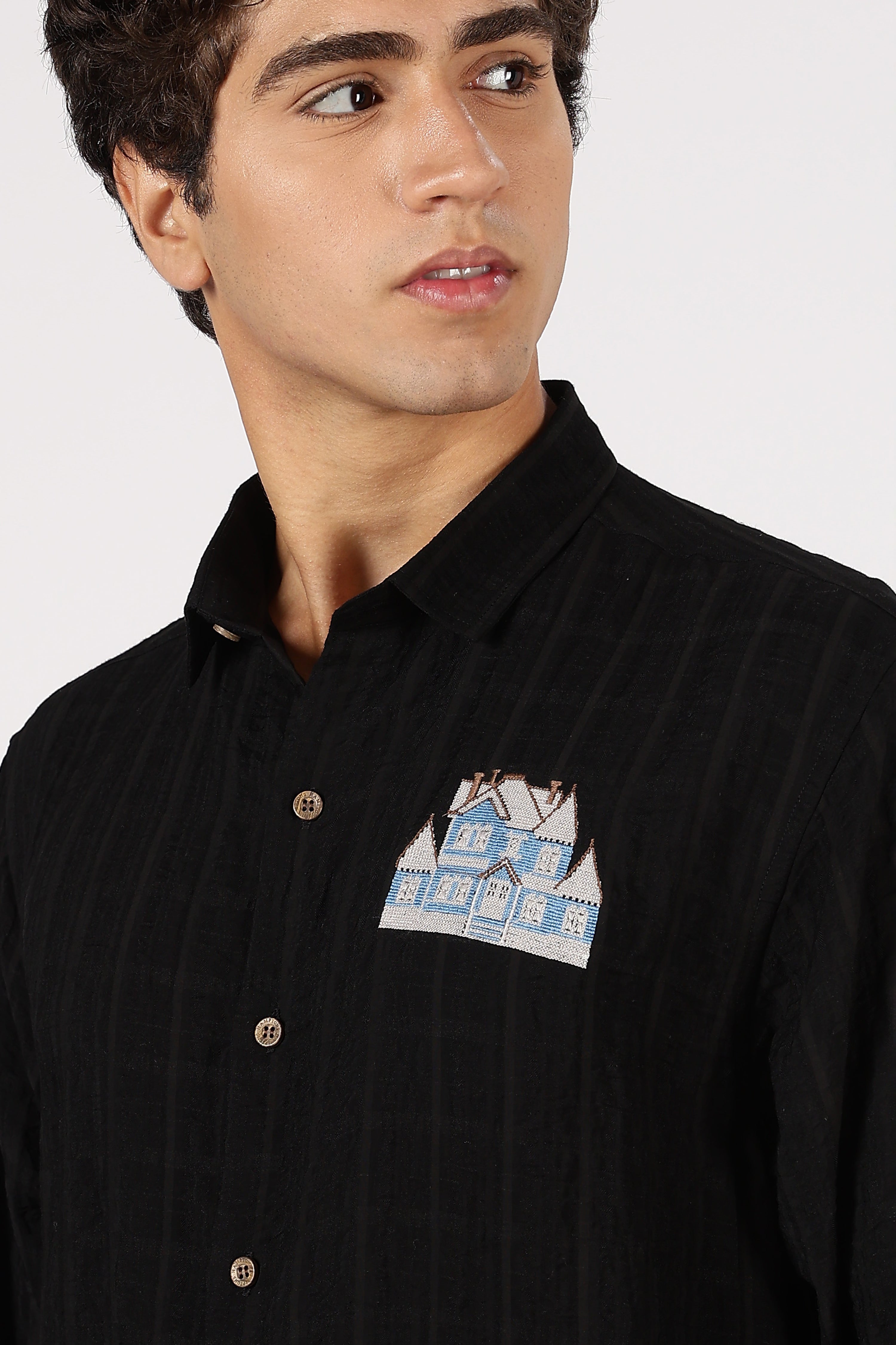 Midnight Manor Cotton Regular Fit Black Embroidered Shirt