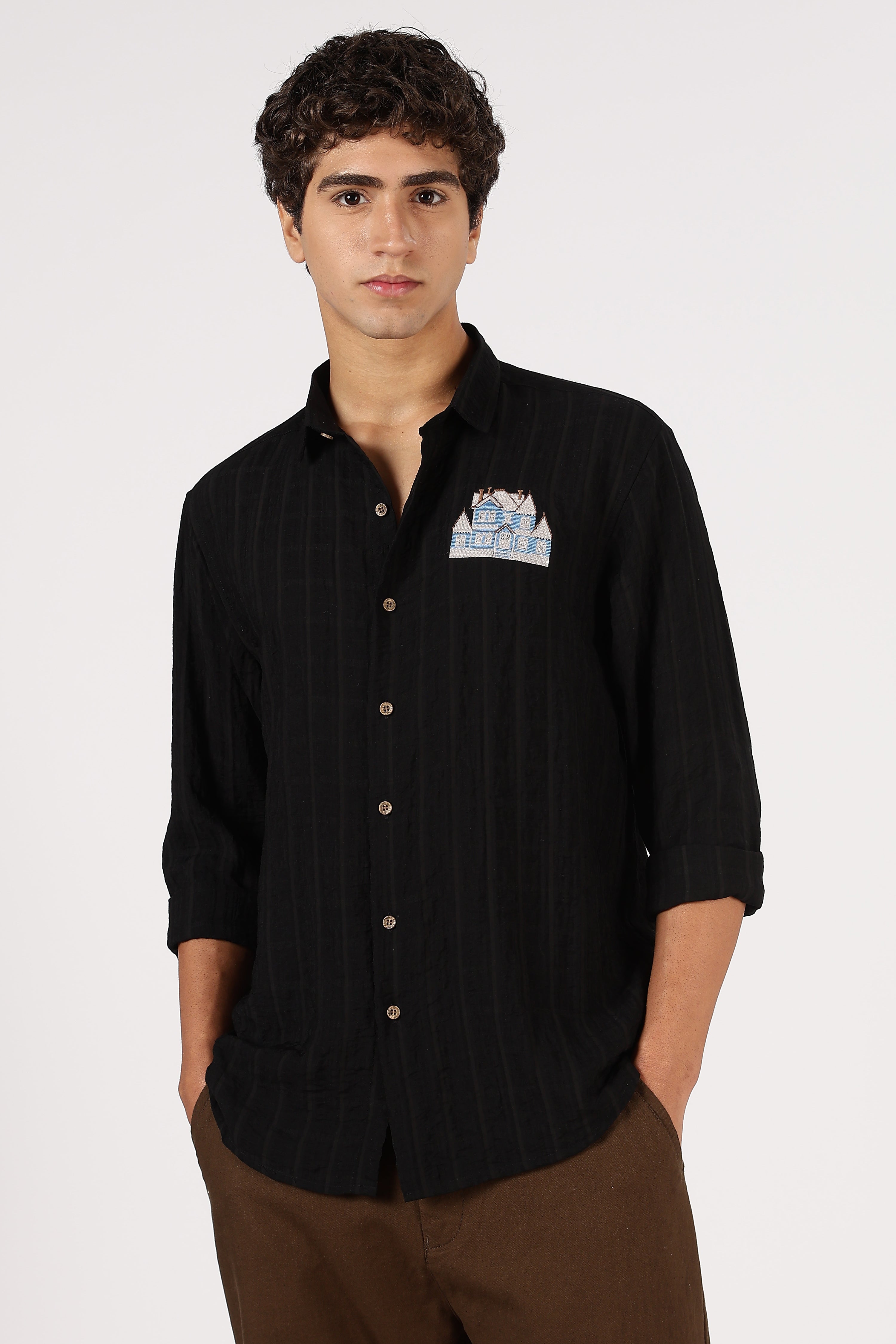 Midnight Manor Cotton Regular Fit Black Embroidered Shirt