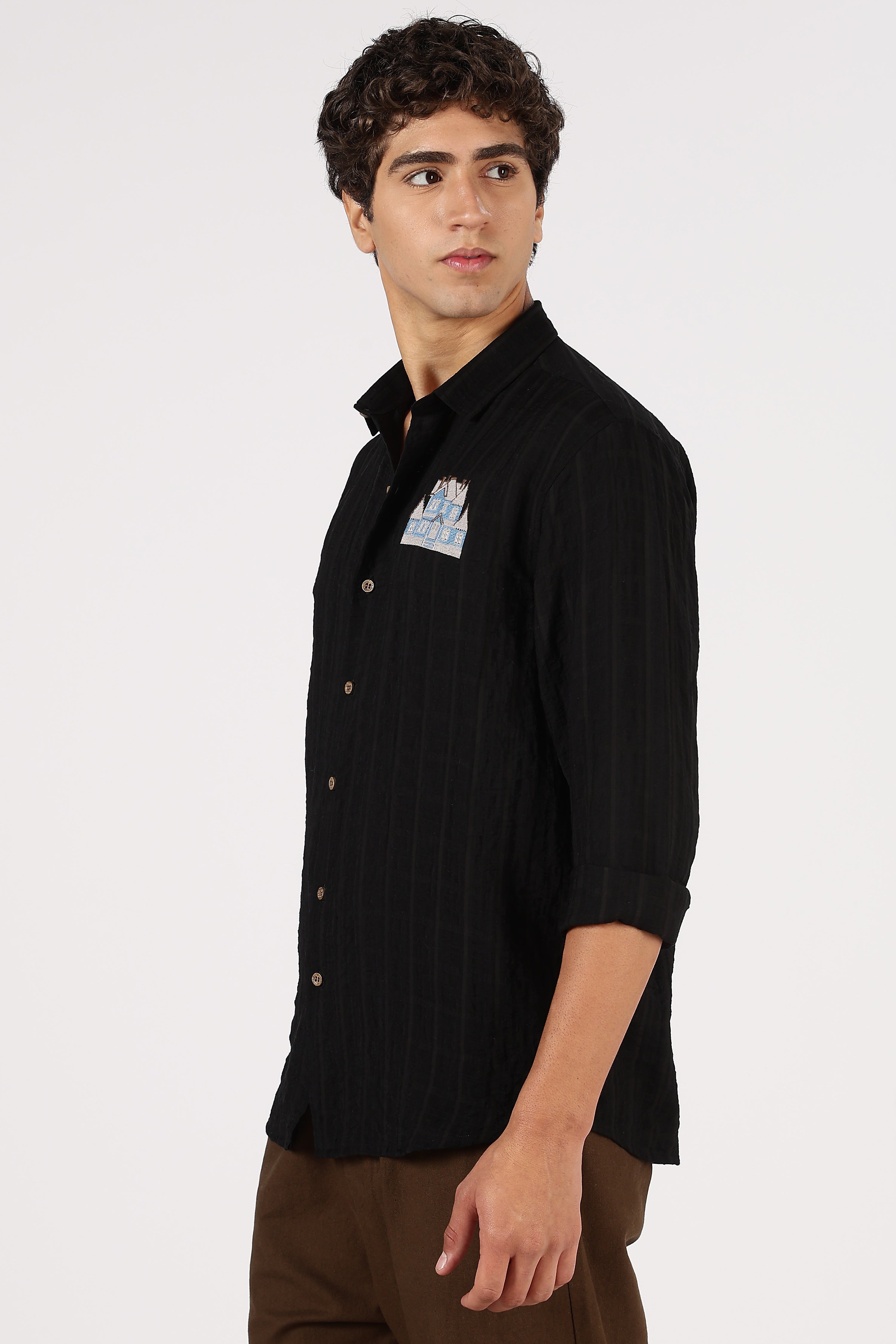 Midnight Manor Cotton Regular Fit Black Embroidered Shirt
